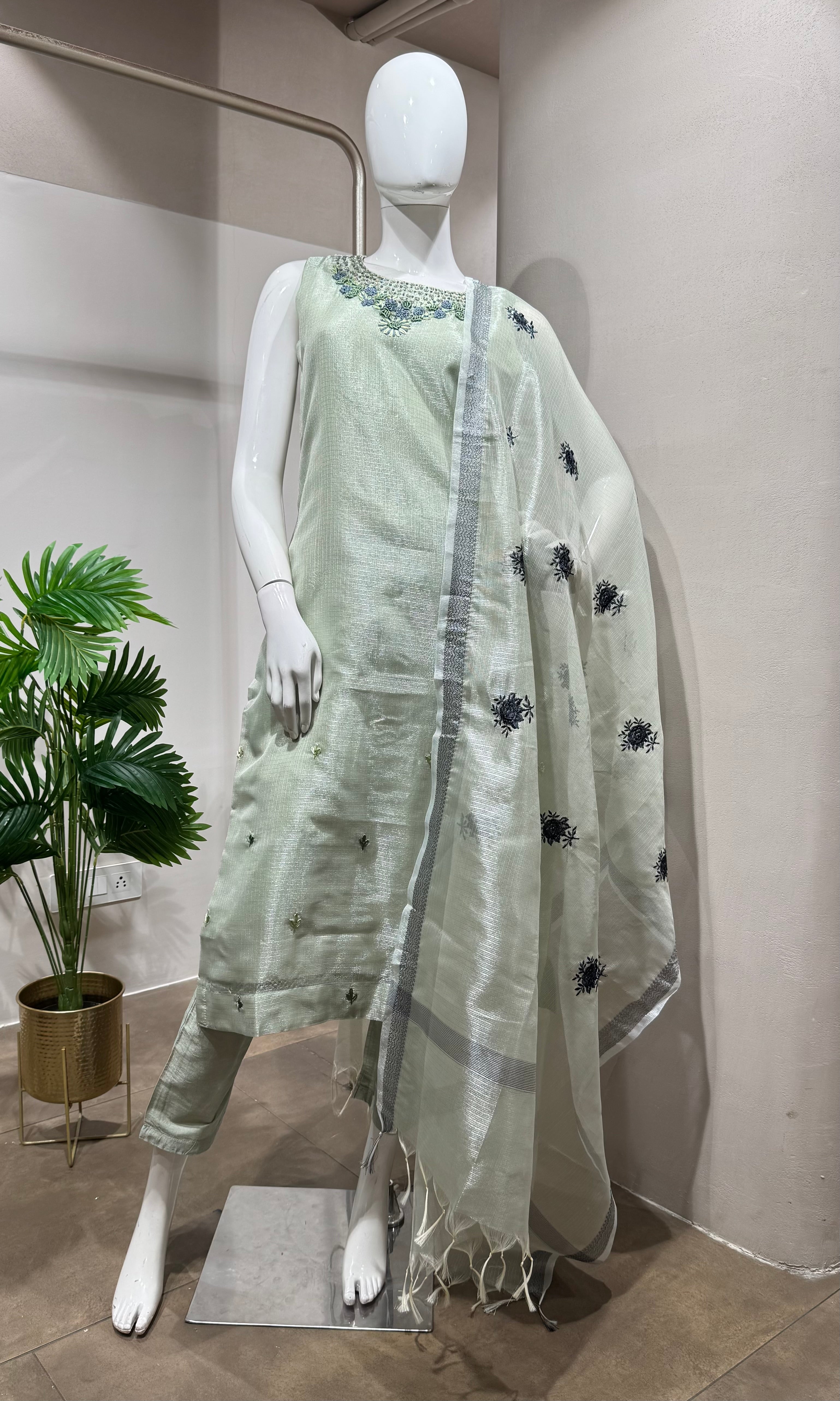 Pista green Pastel Tissue Silk kurta set