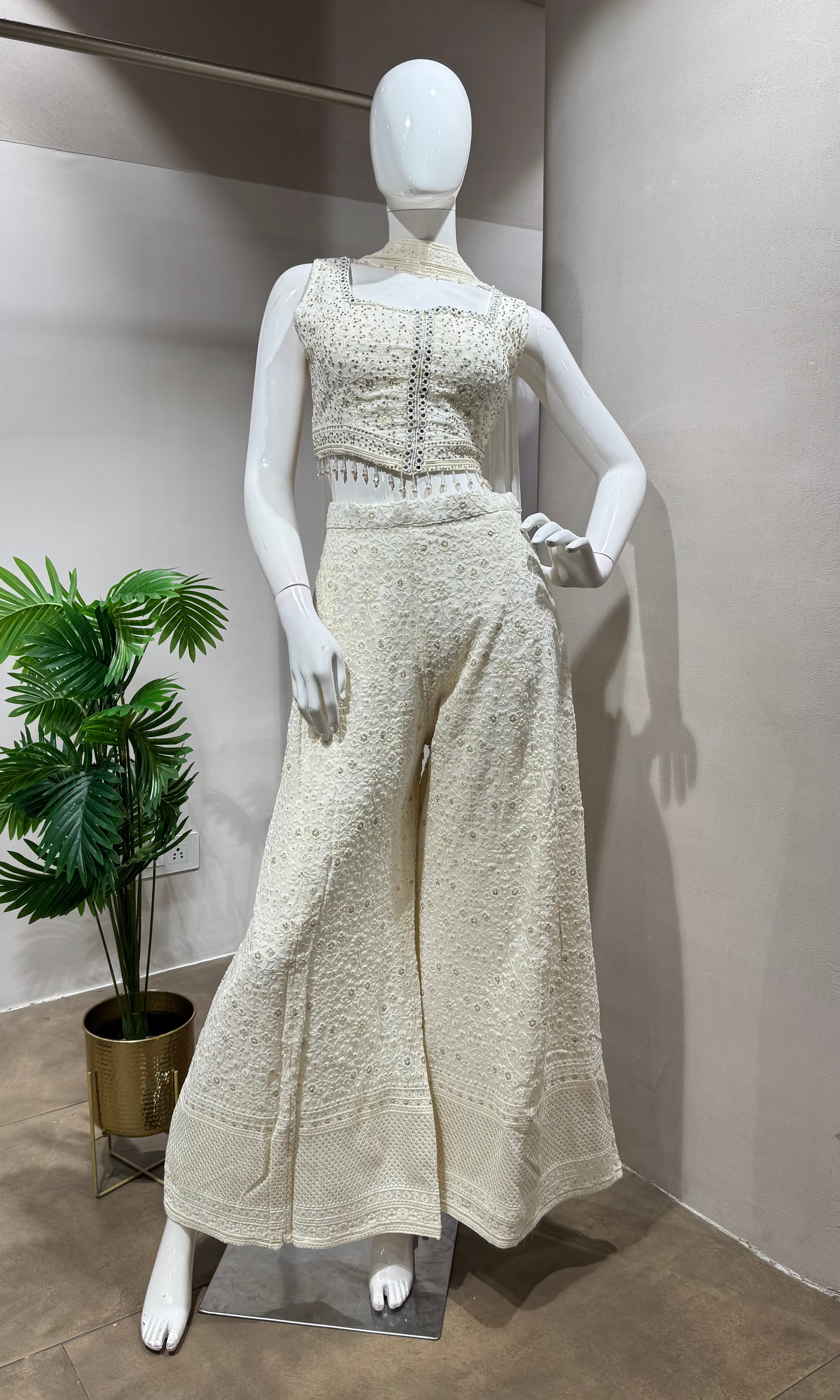 White EMBELLISHED Crop Top WITH Palazzo Set