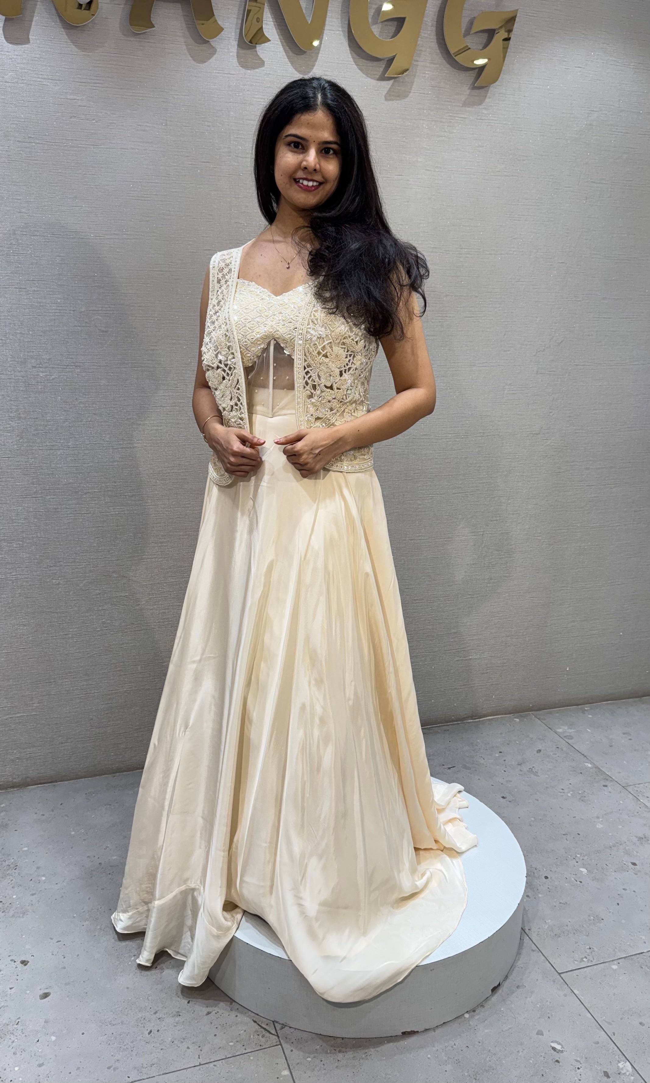 Cream Lehenga with Lace Top and Satin Skirt