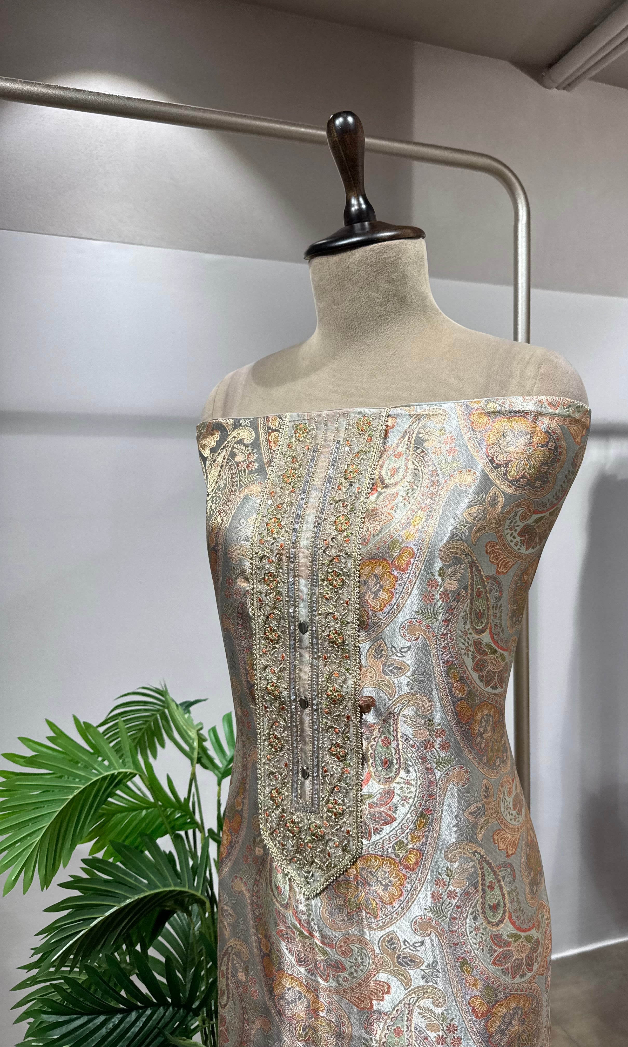 GREY BANARASI SILK DRESS MATERIAL