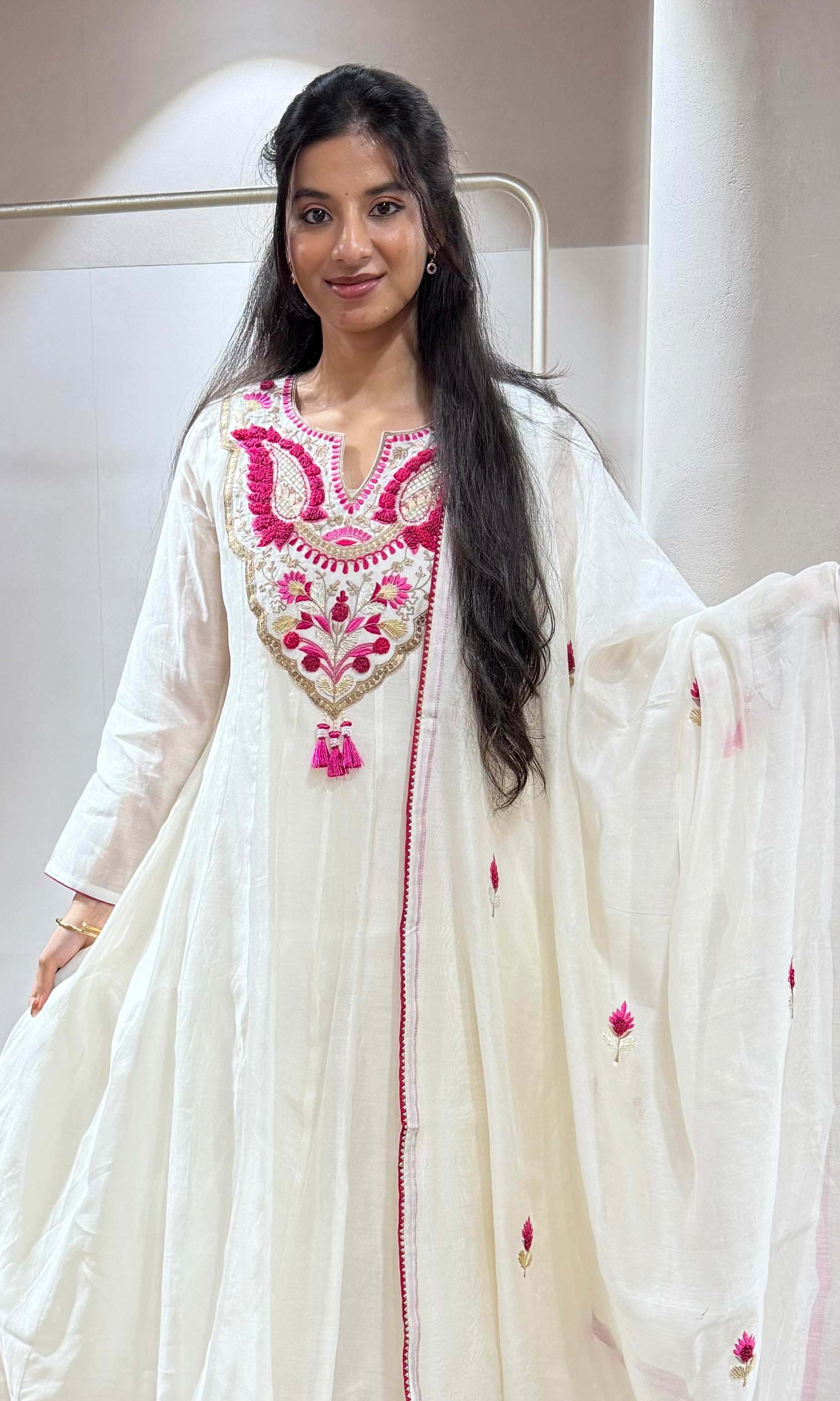 Half White Cotton Embroidery anarkali set
