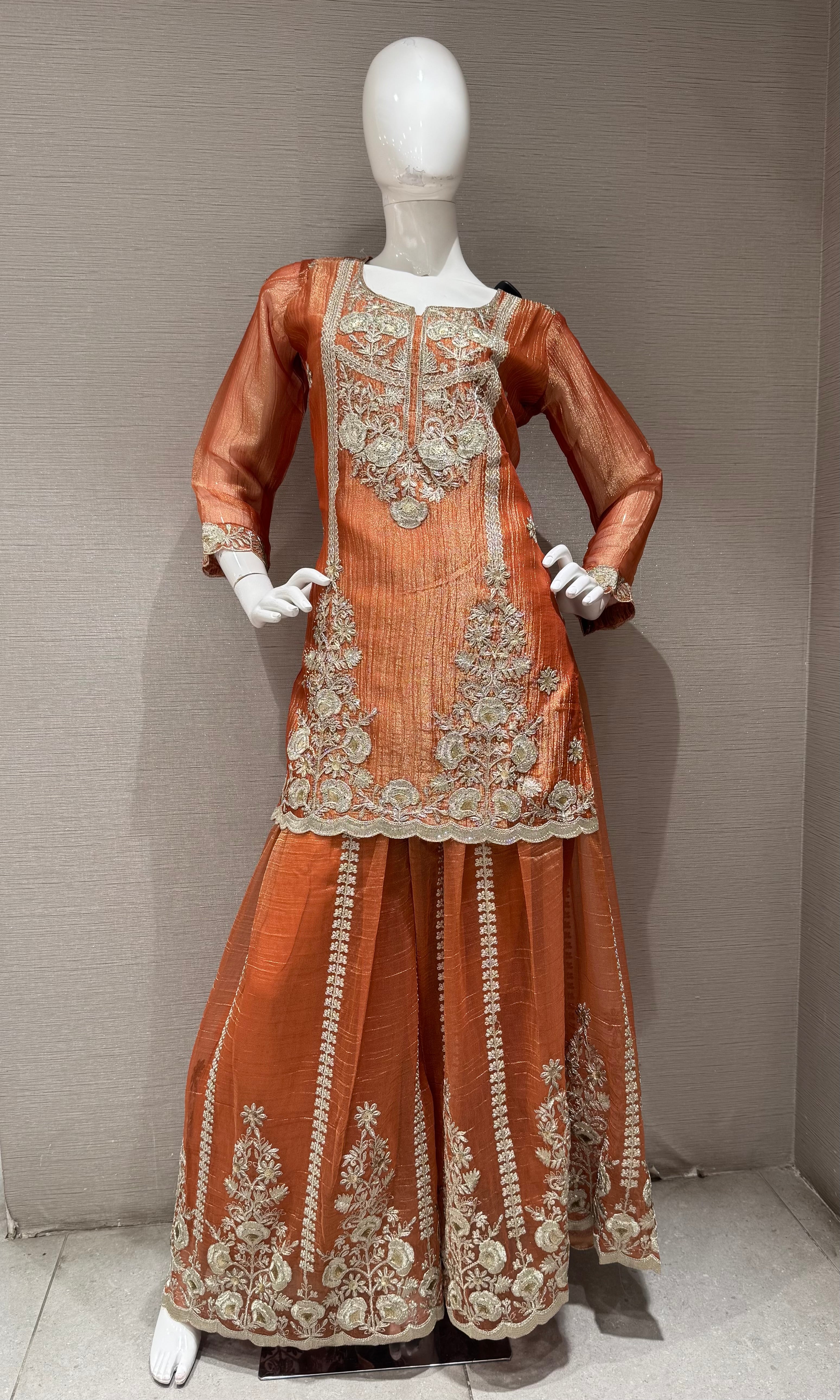 Rust Embroidered Sharara Set with Sheer Dupatta