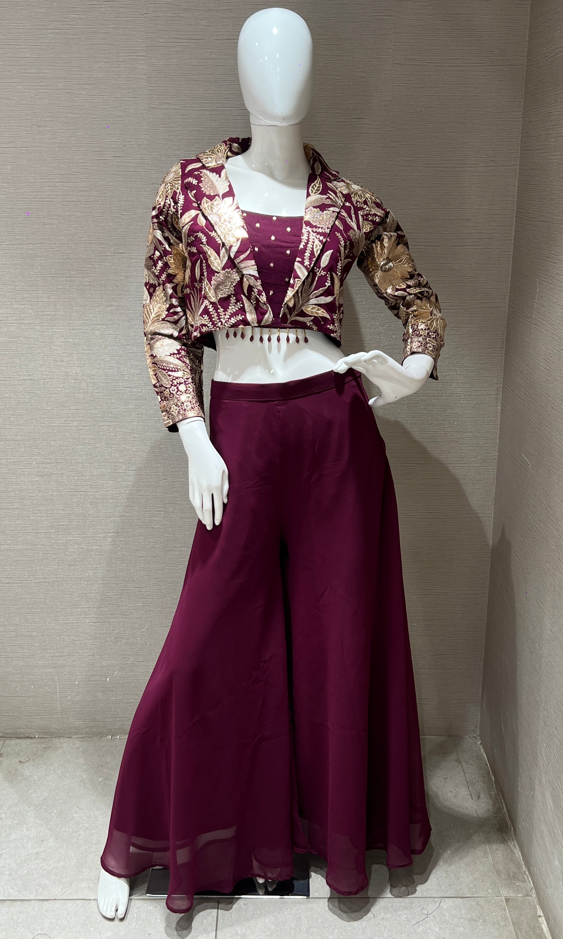 Wine Palazzo set with Embroidered Jacket
