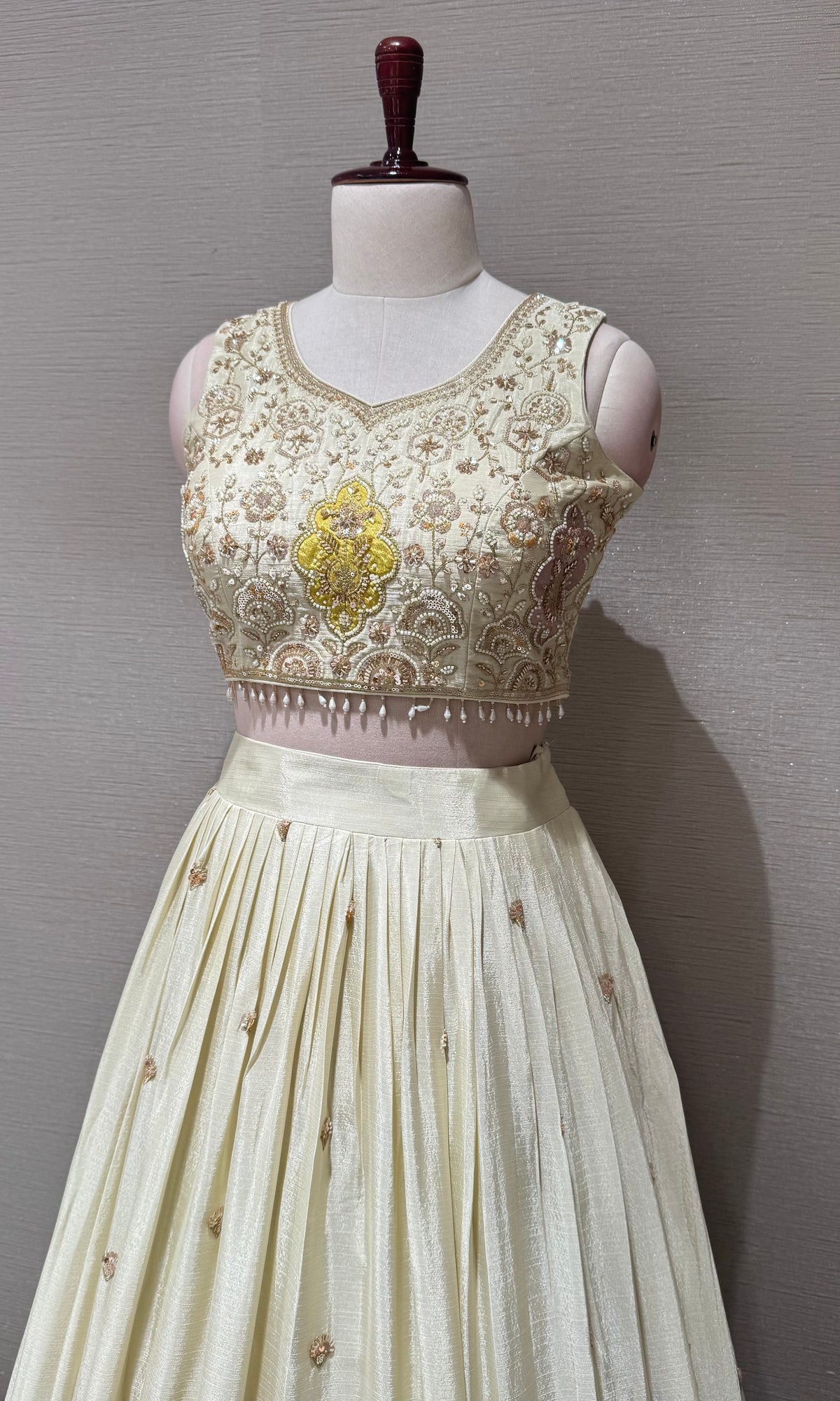 Cream Tissue silk Lehenga with Multi Floral border