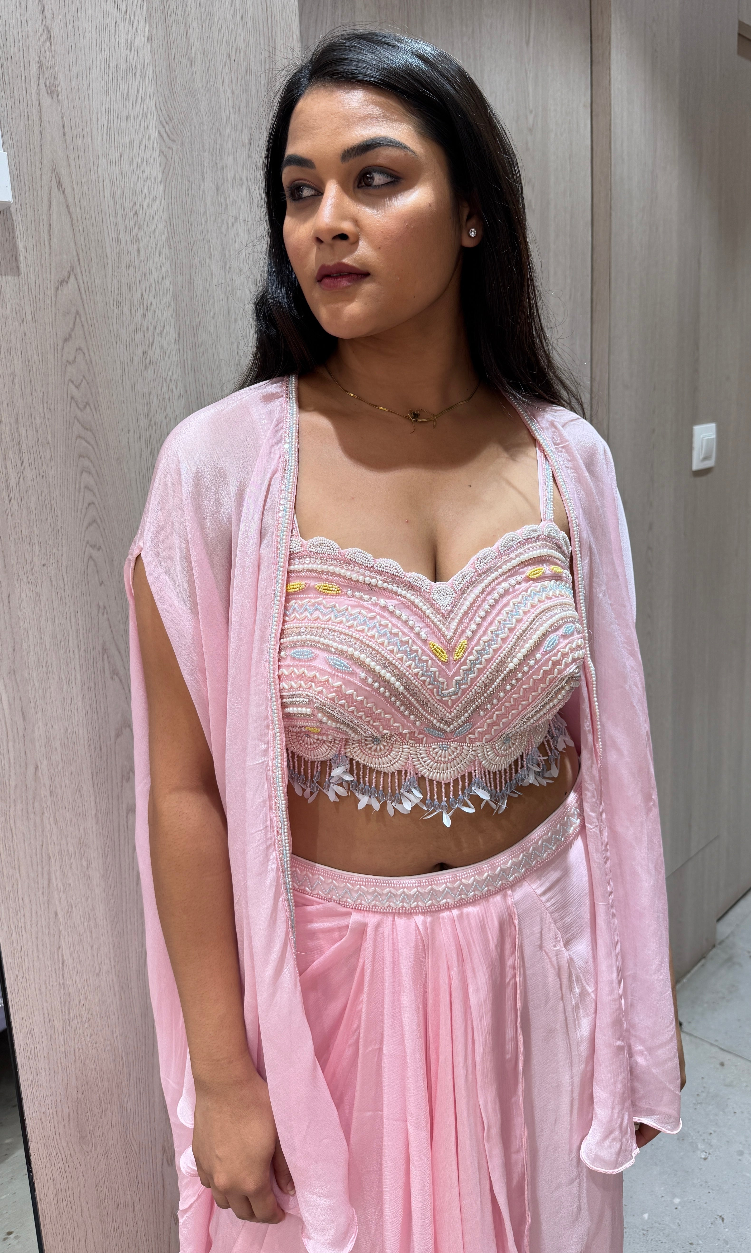 Pink 3 piece Indo western dress with cape