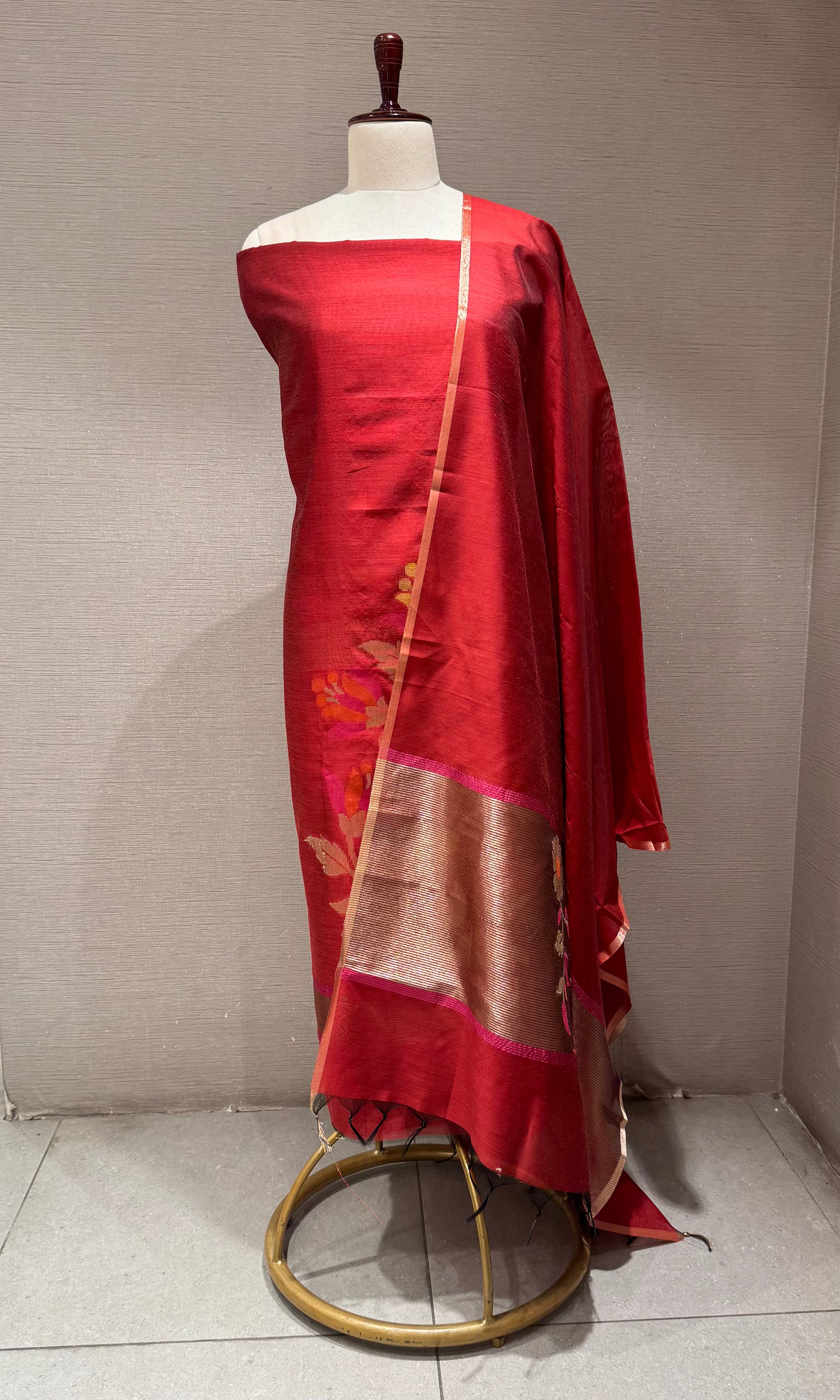rani pink intricate gold floral brocade Dress material