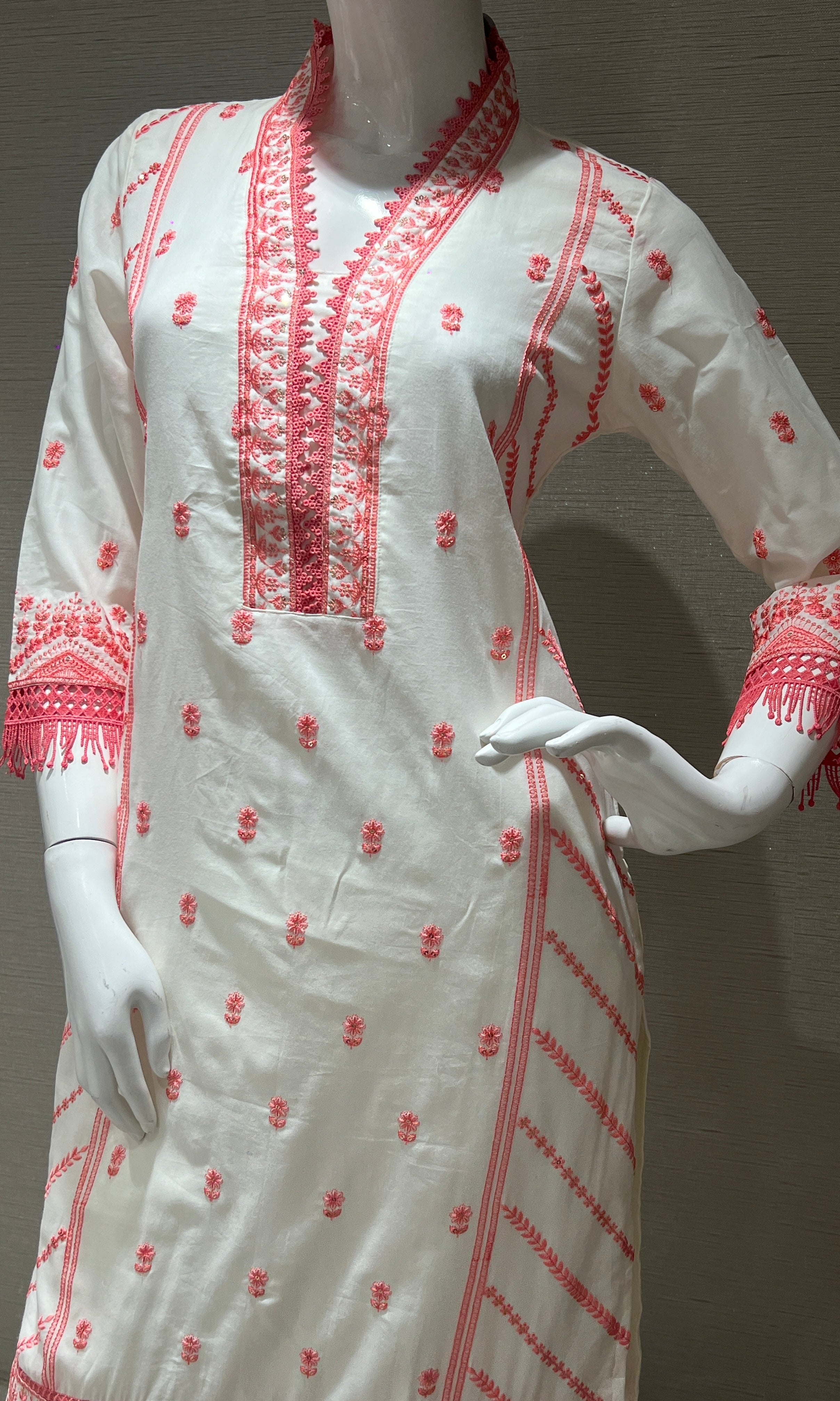 Peach and White Embroidered Kurta Set