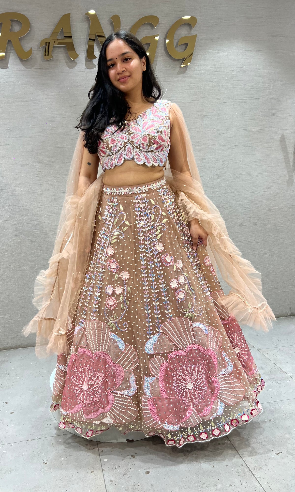 Moee Pink Floral Sequins and Beads Lehenga set