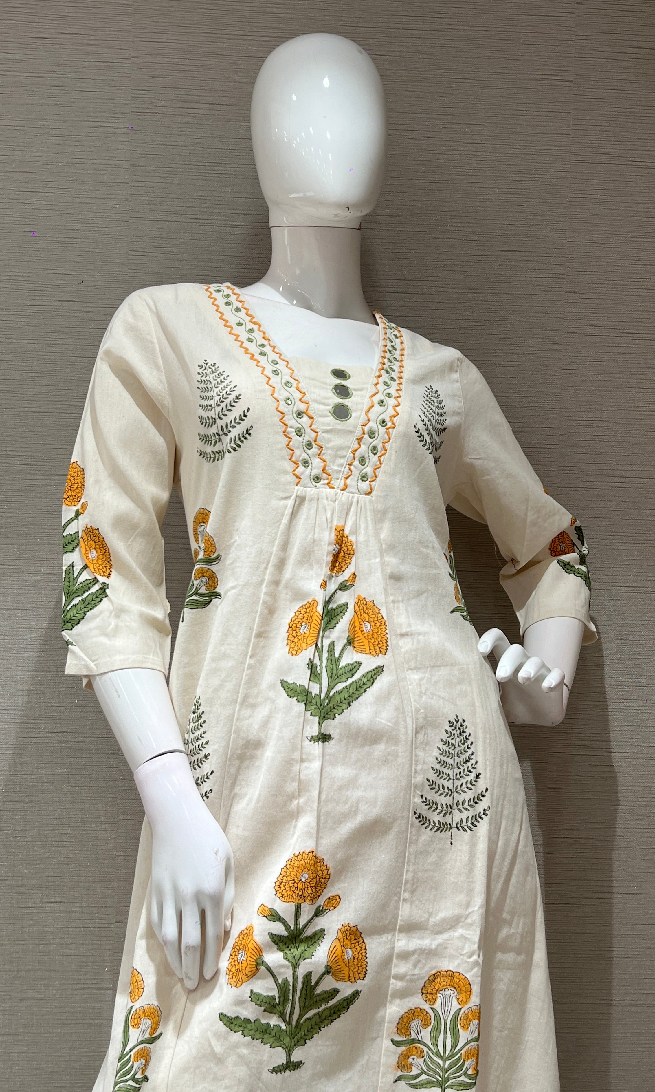 Yellow A LINE FLORAL KURTI WITH BOTTOM