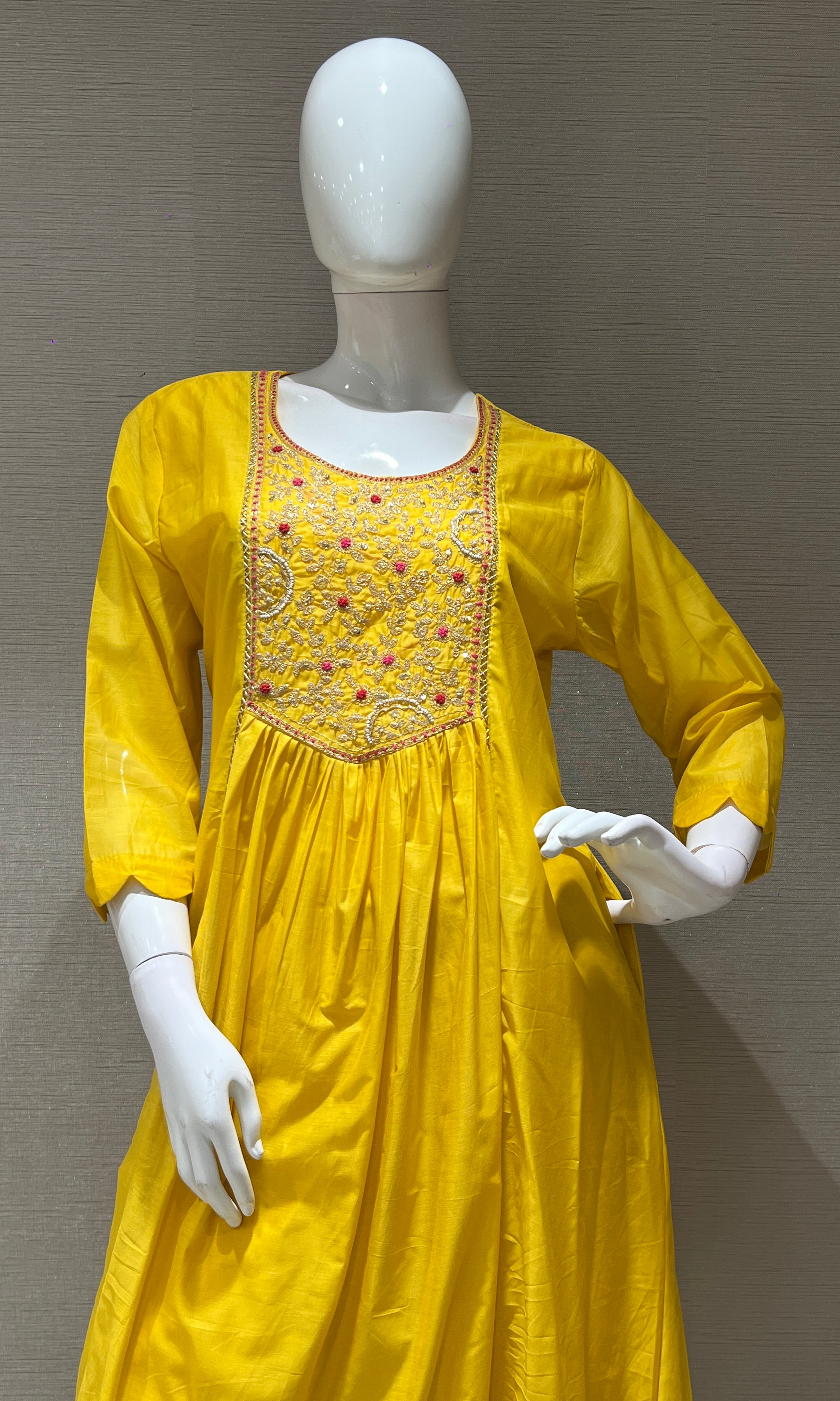Yellow MUL CHANDERI ANARKALI KURTA SET