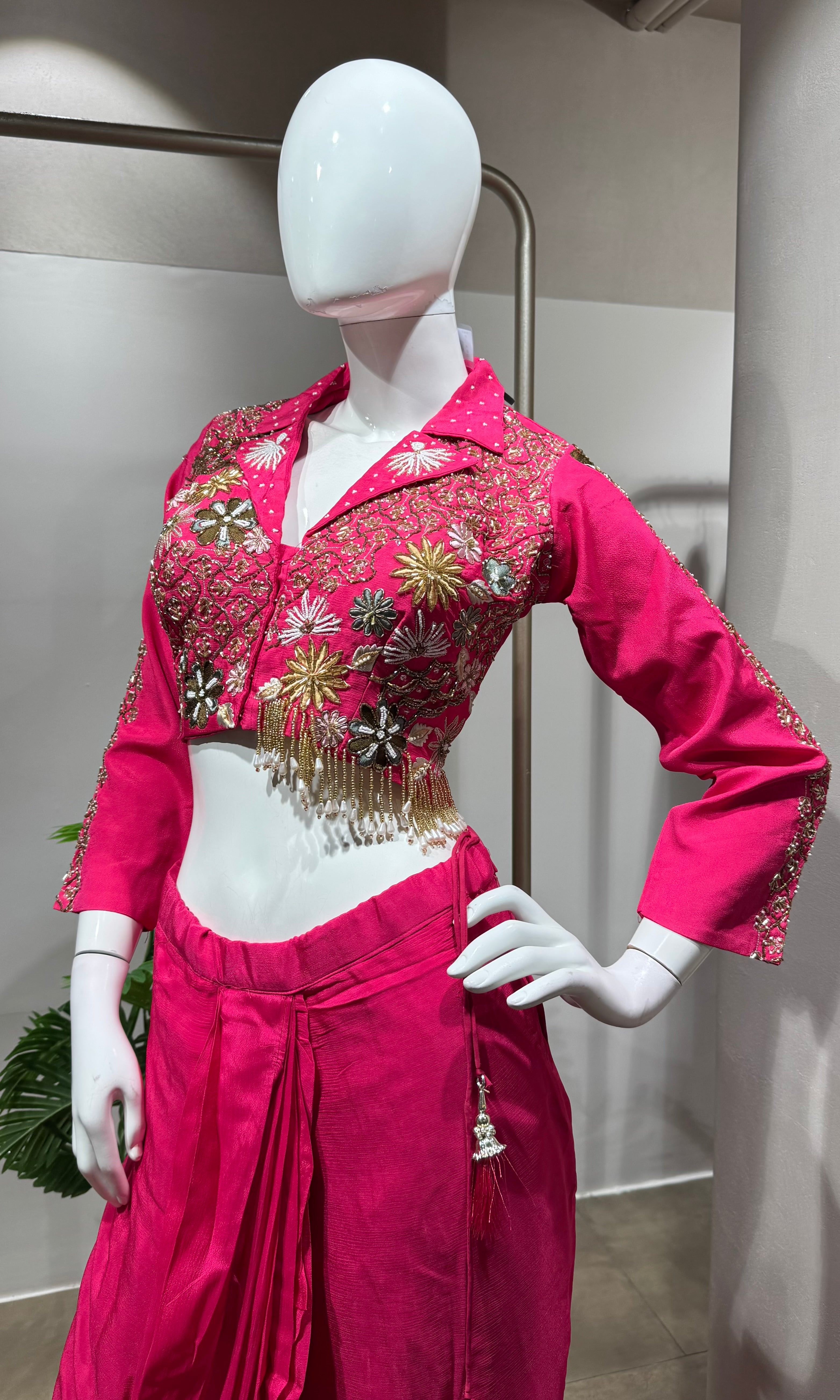 rani drape skirt set with embellished jacket blouse
