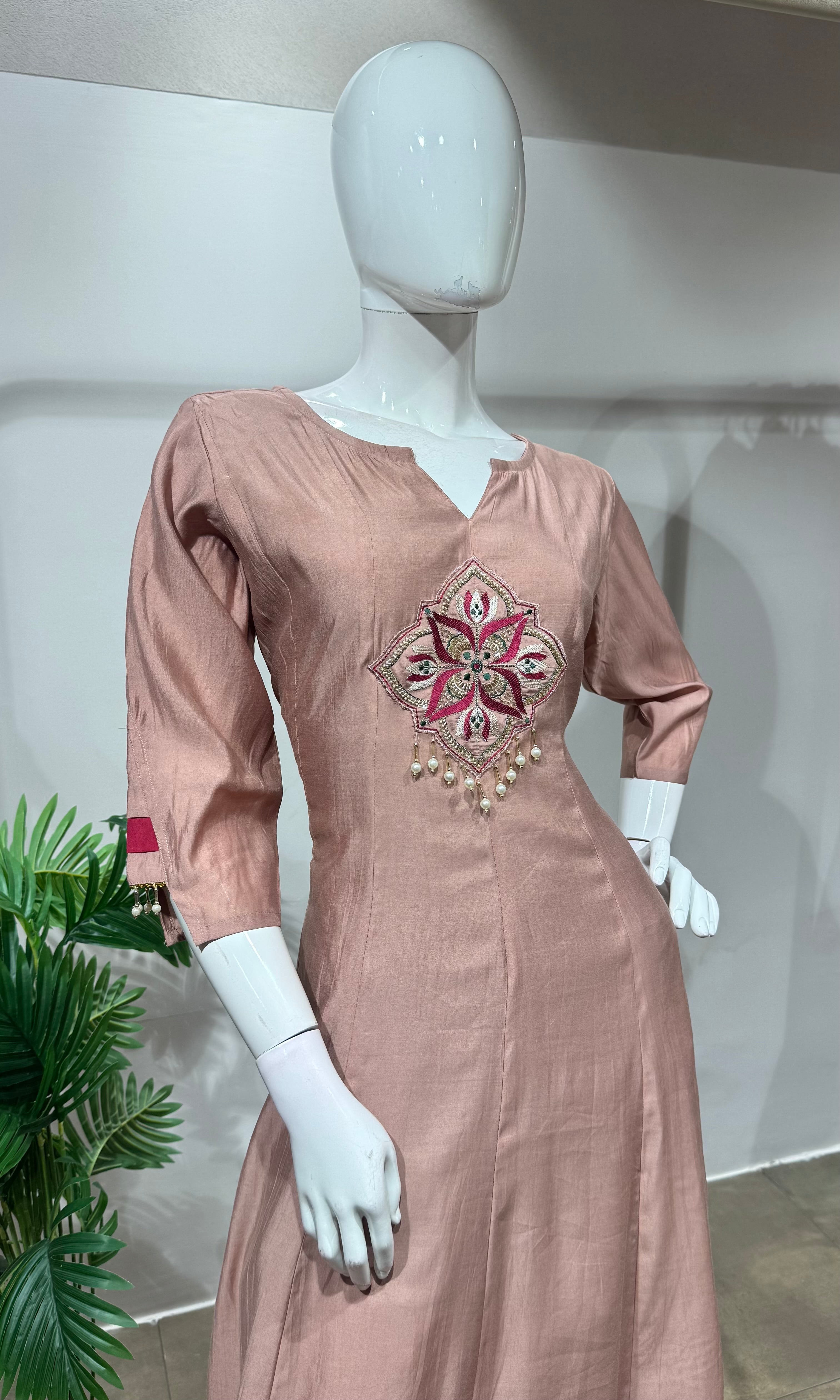 Beige Rose Silk Straight Kurta Set