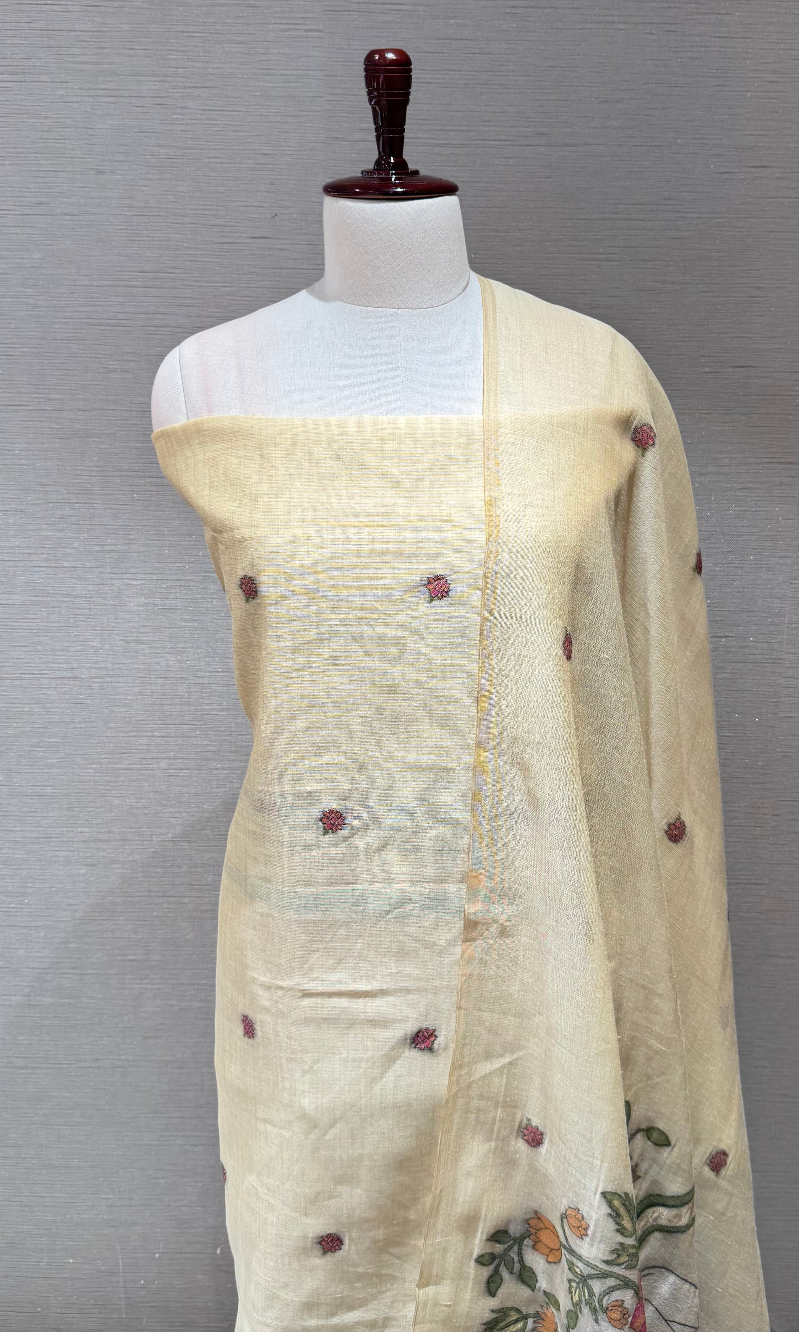 Cream floral embroidery dress material