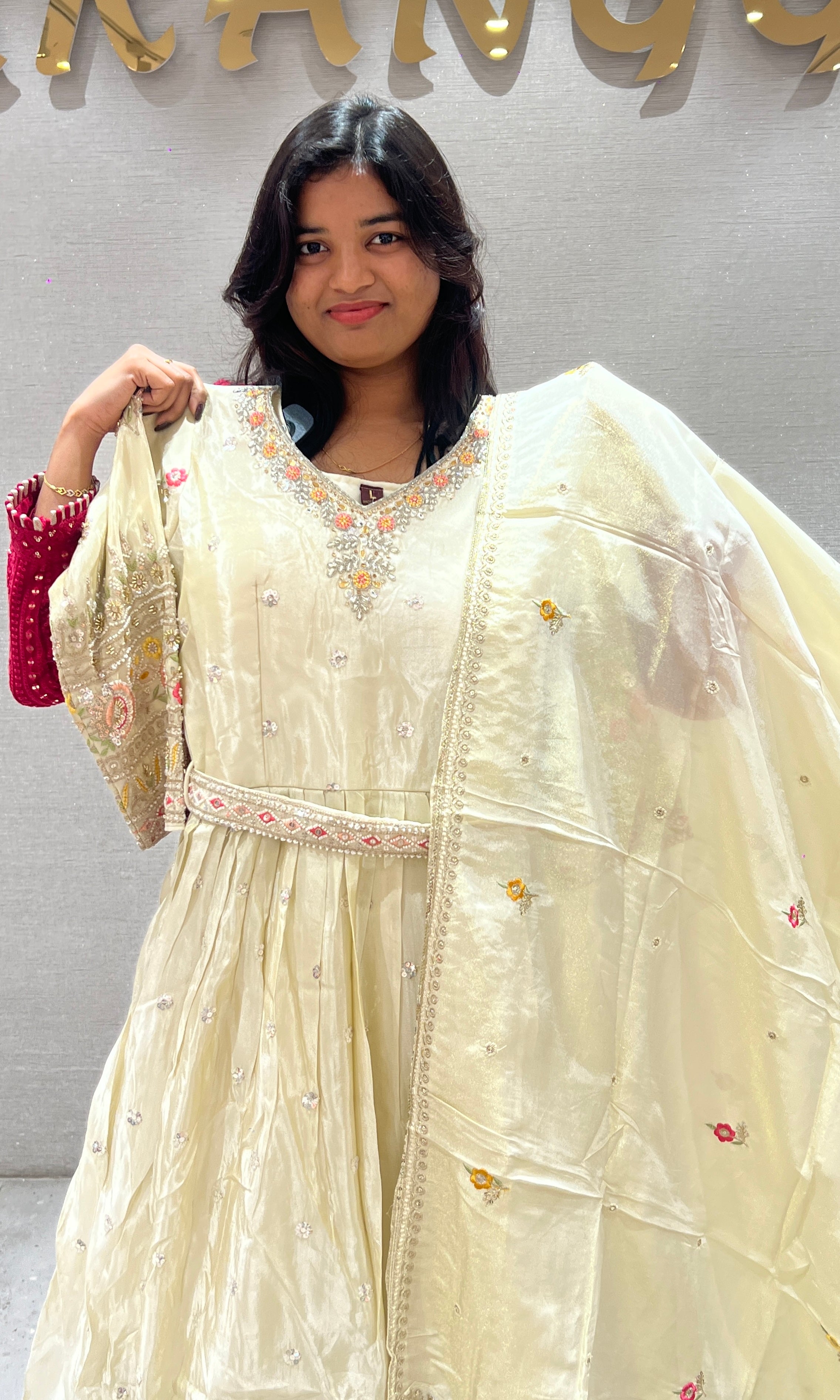 Cream Embroidered Long Anarkali Gown