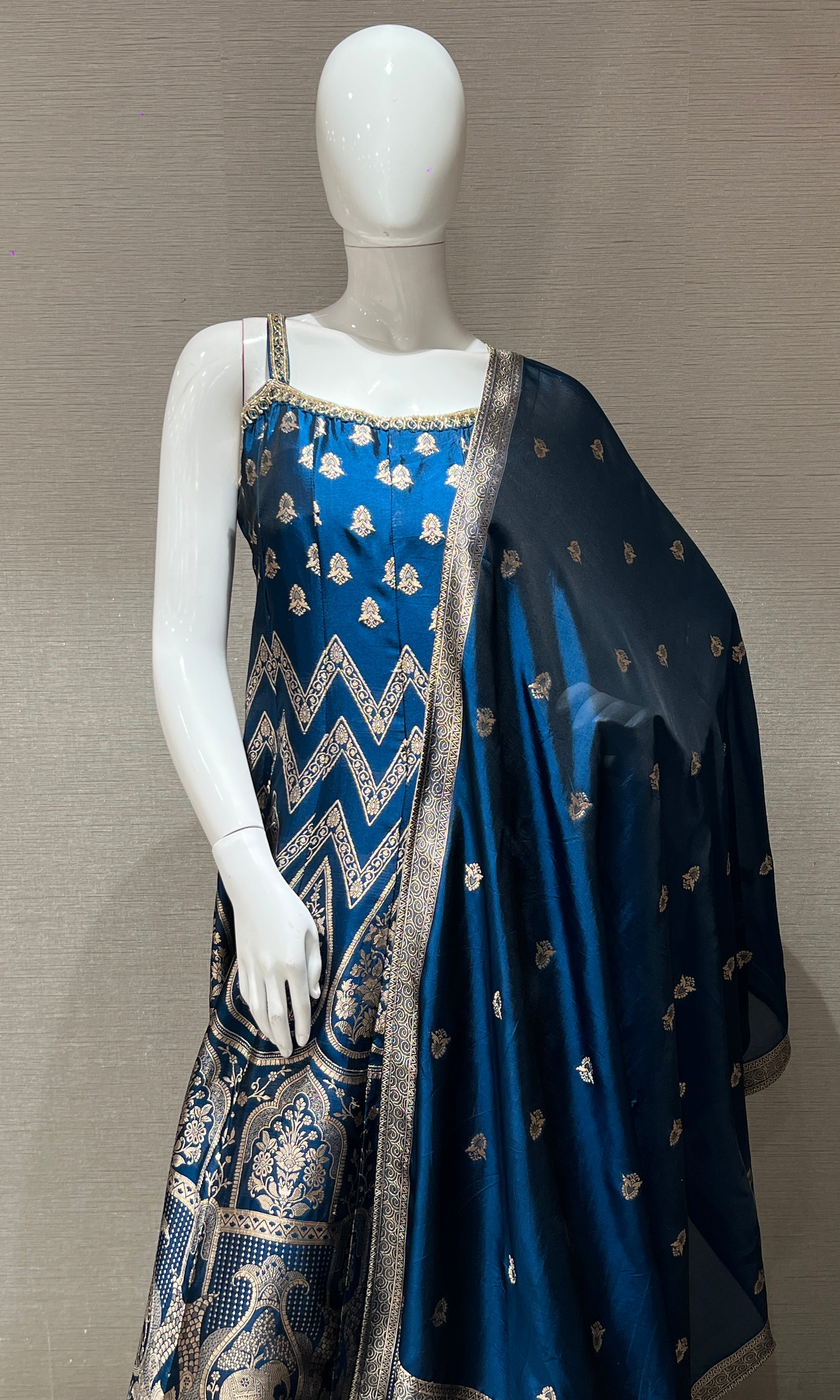 Peacock Blue Anarkali with Gold Print embroidery