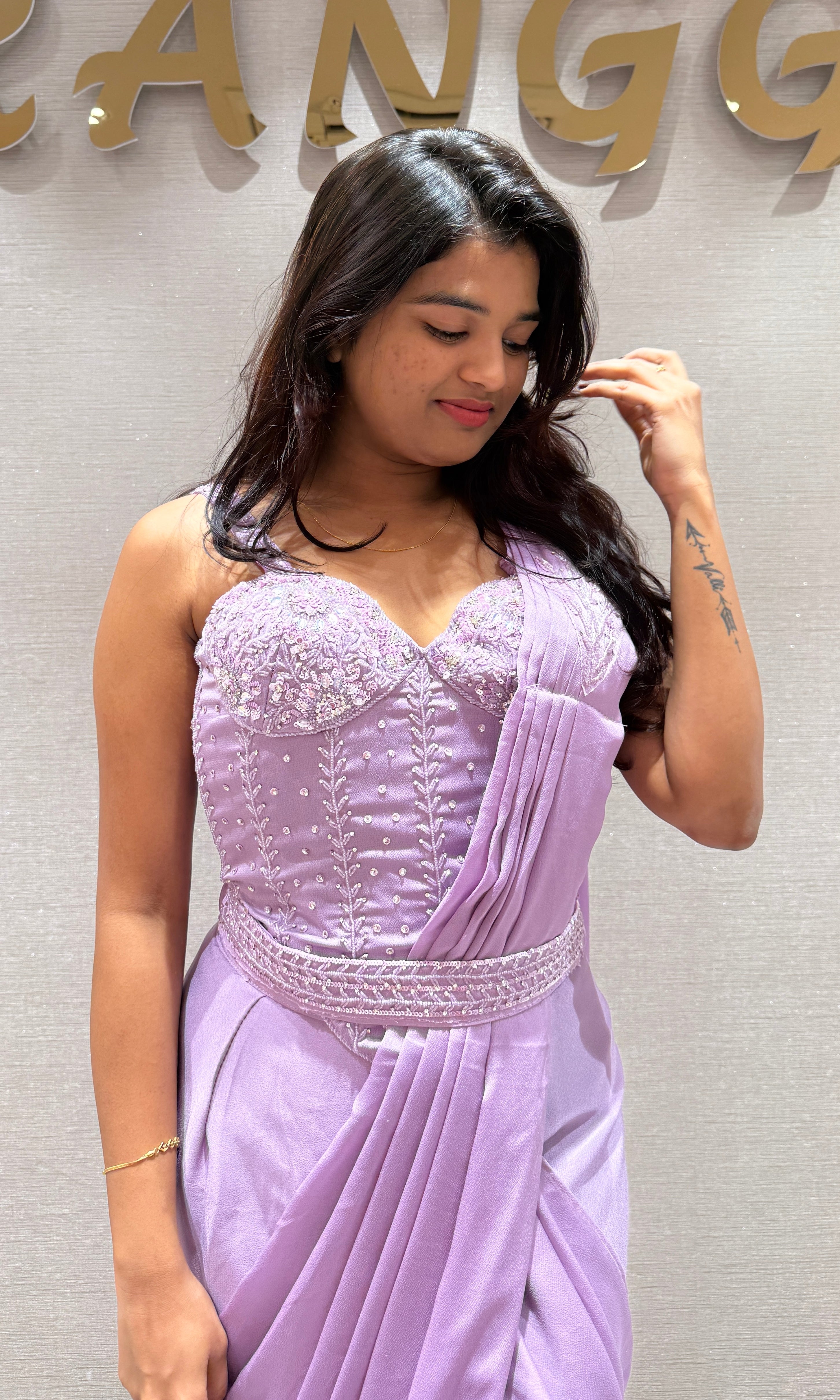 Lilac Draped Saree with Embellished Blouse
