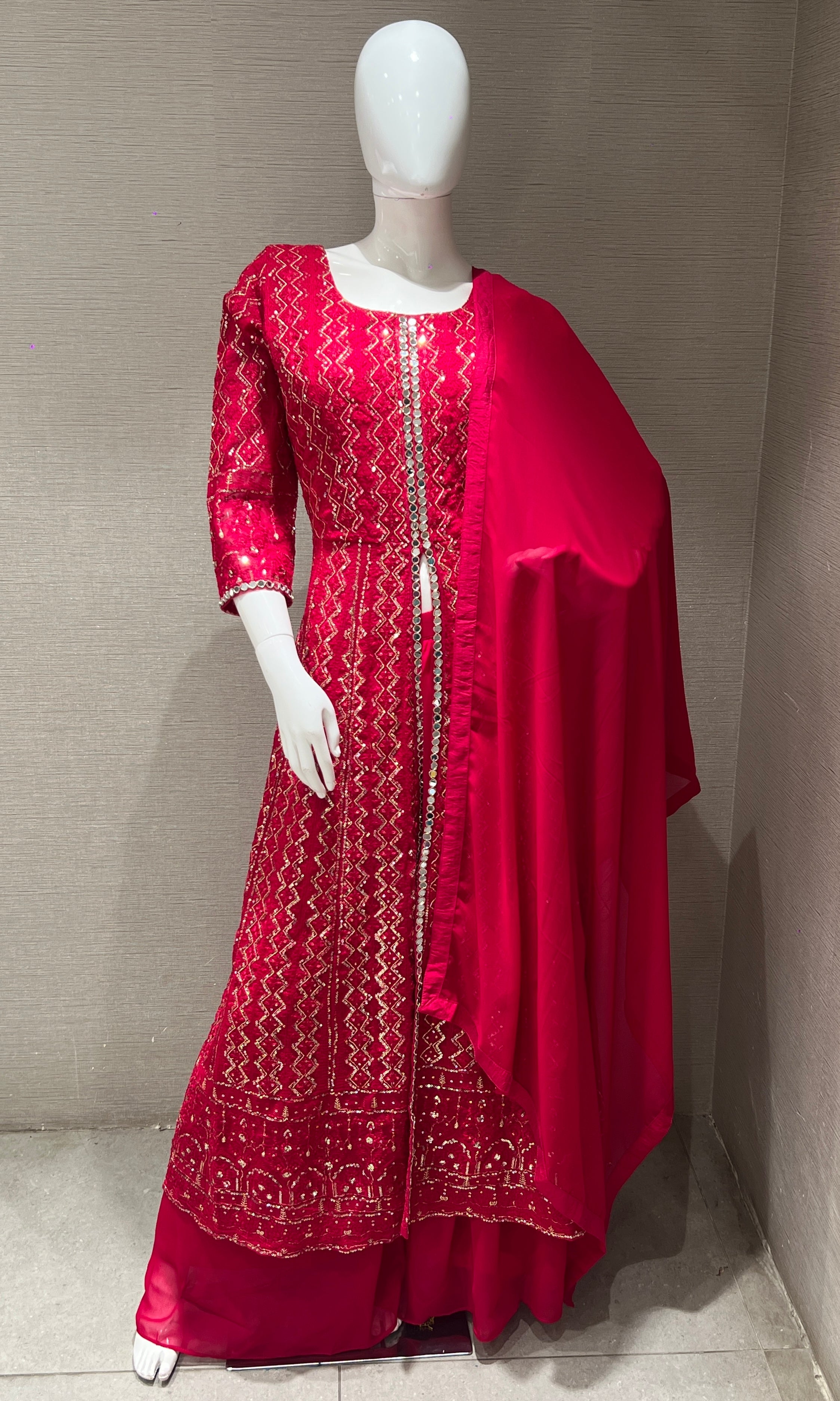 Pink front slit Anarkali with palazzo pants