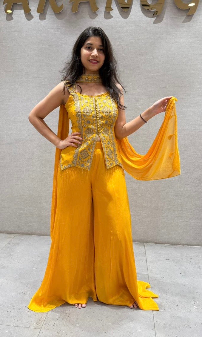 Yellow Embroidered Peplum Palazoo Set