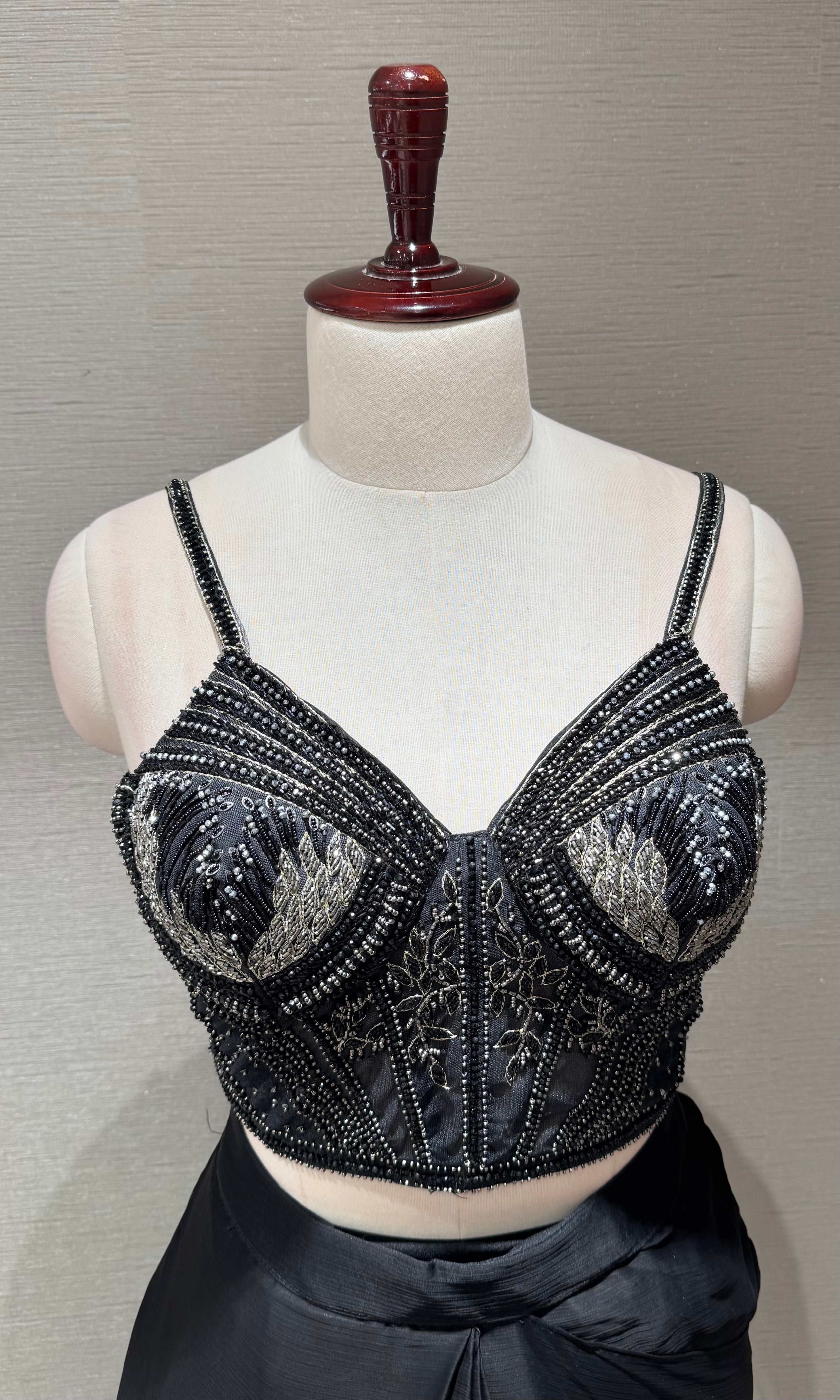 Black Draped Saree with Corset Silver Blouse