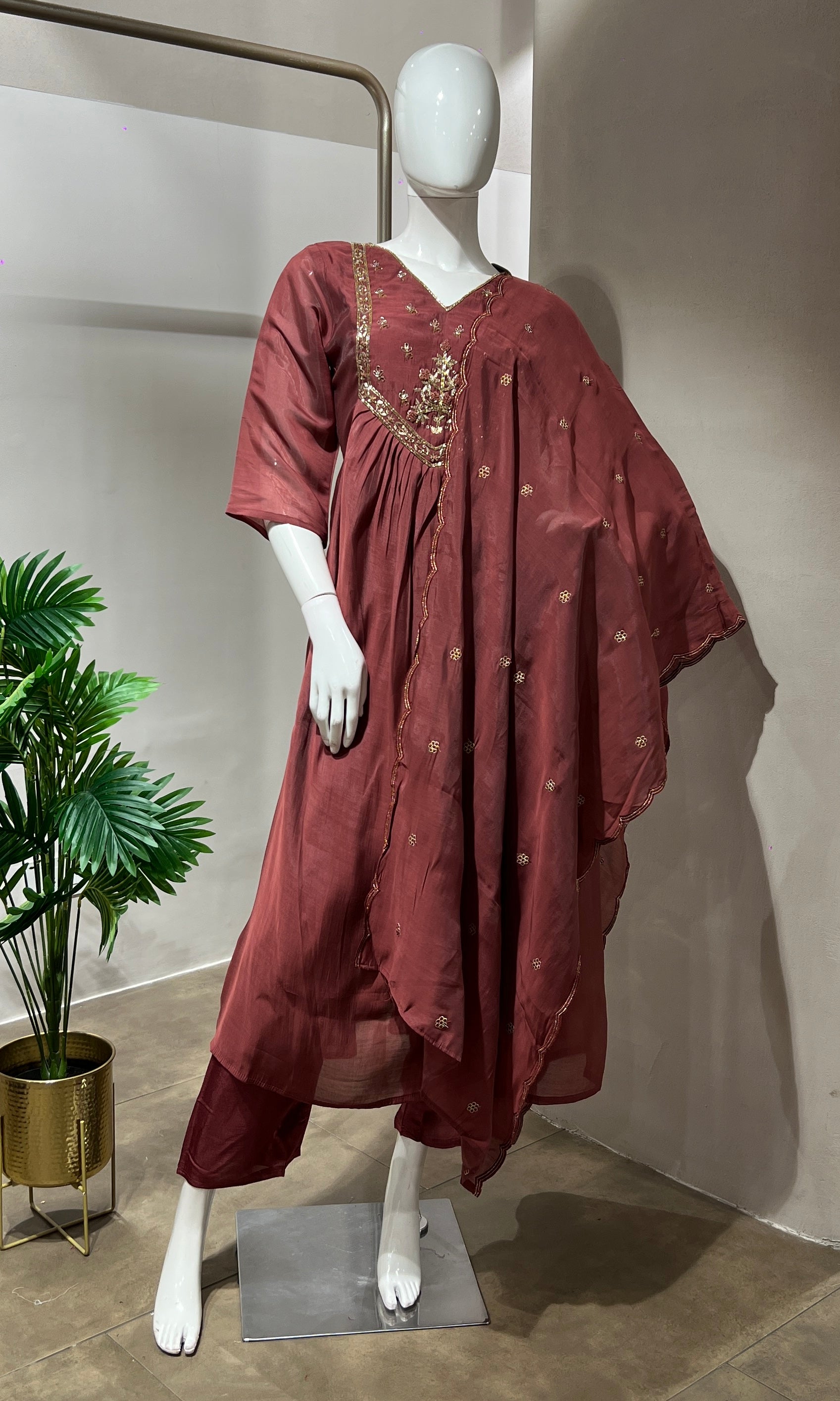 MAROON MUL CHANDERI KURTA SET