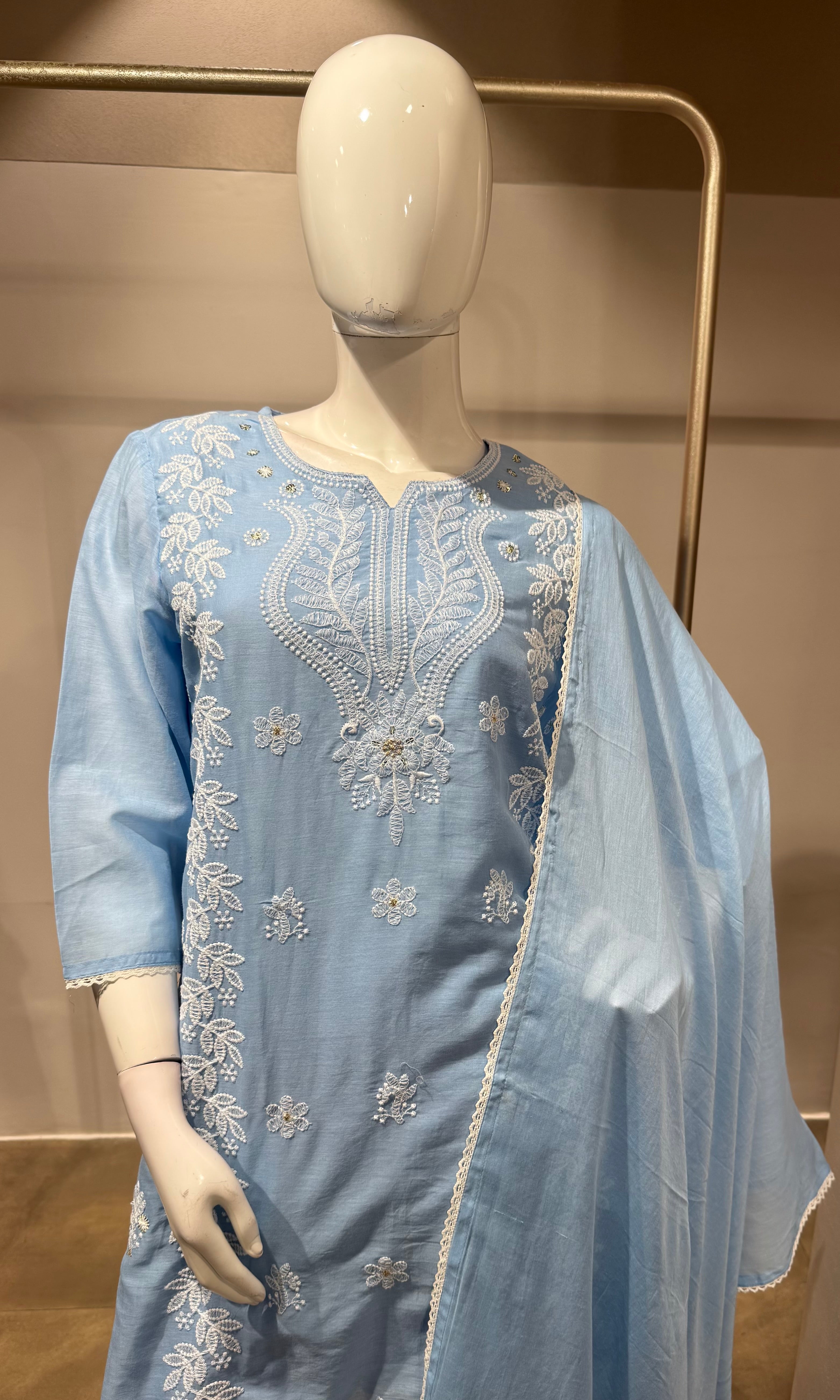 Blue Embroidered Kurta set with Dupatta