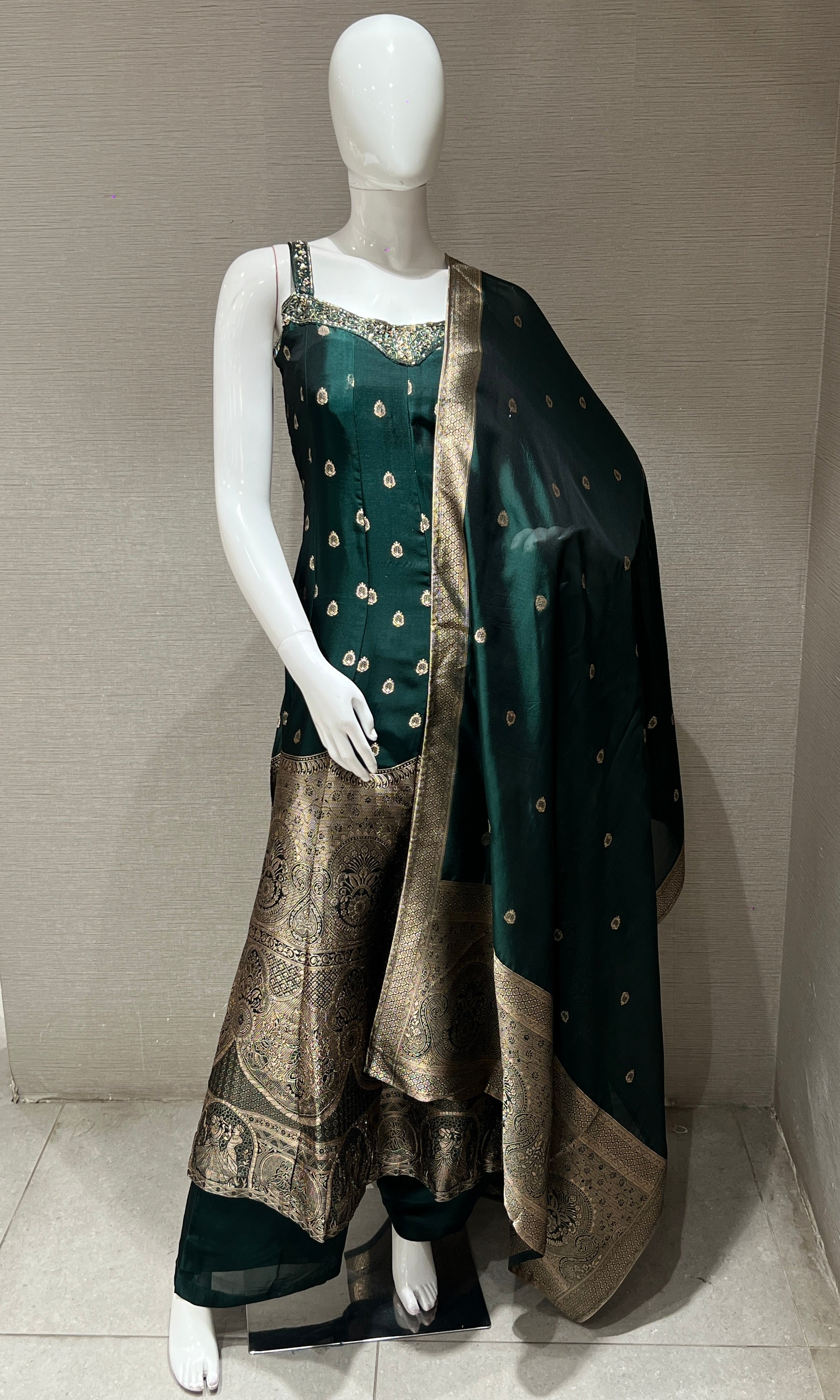 Green Anarkali with Gold Print embroidery