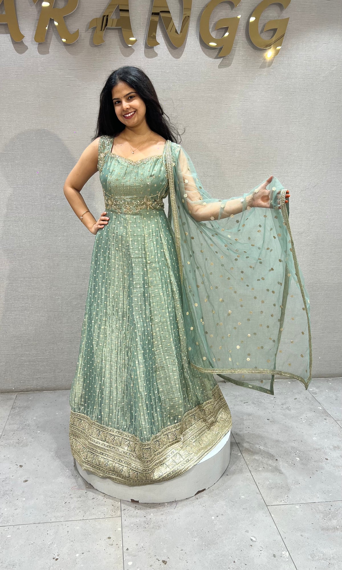 Mint Green shimmer Anarkali with Sheer Dupatta