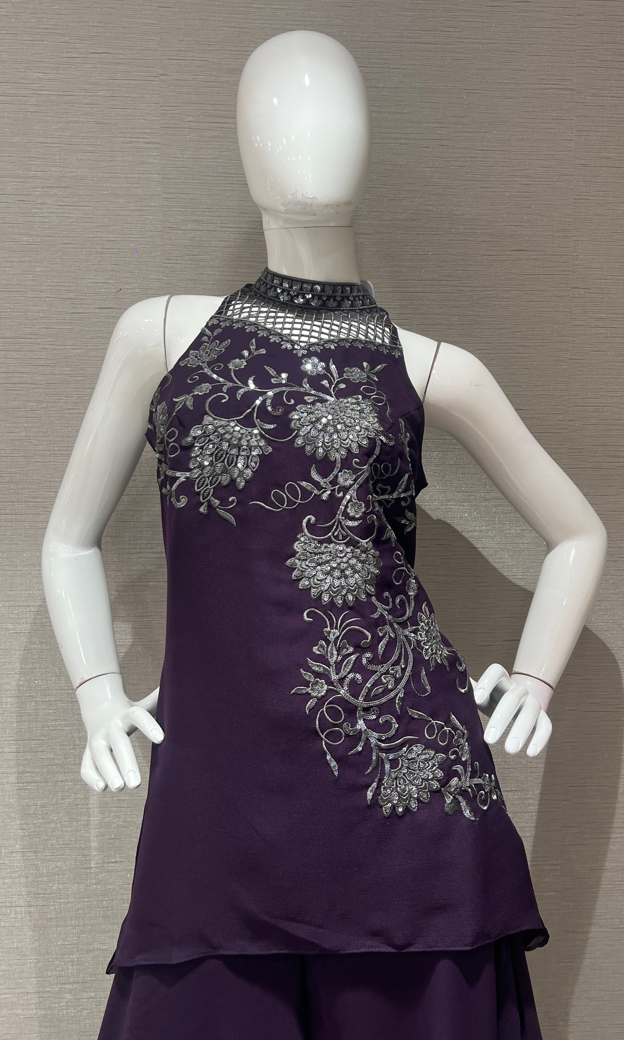 Wine ethnic floral halter peplum palazzo set