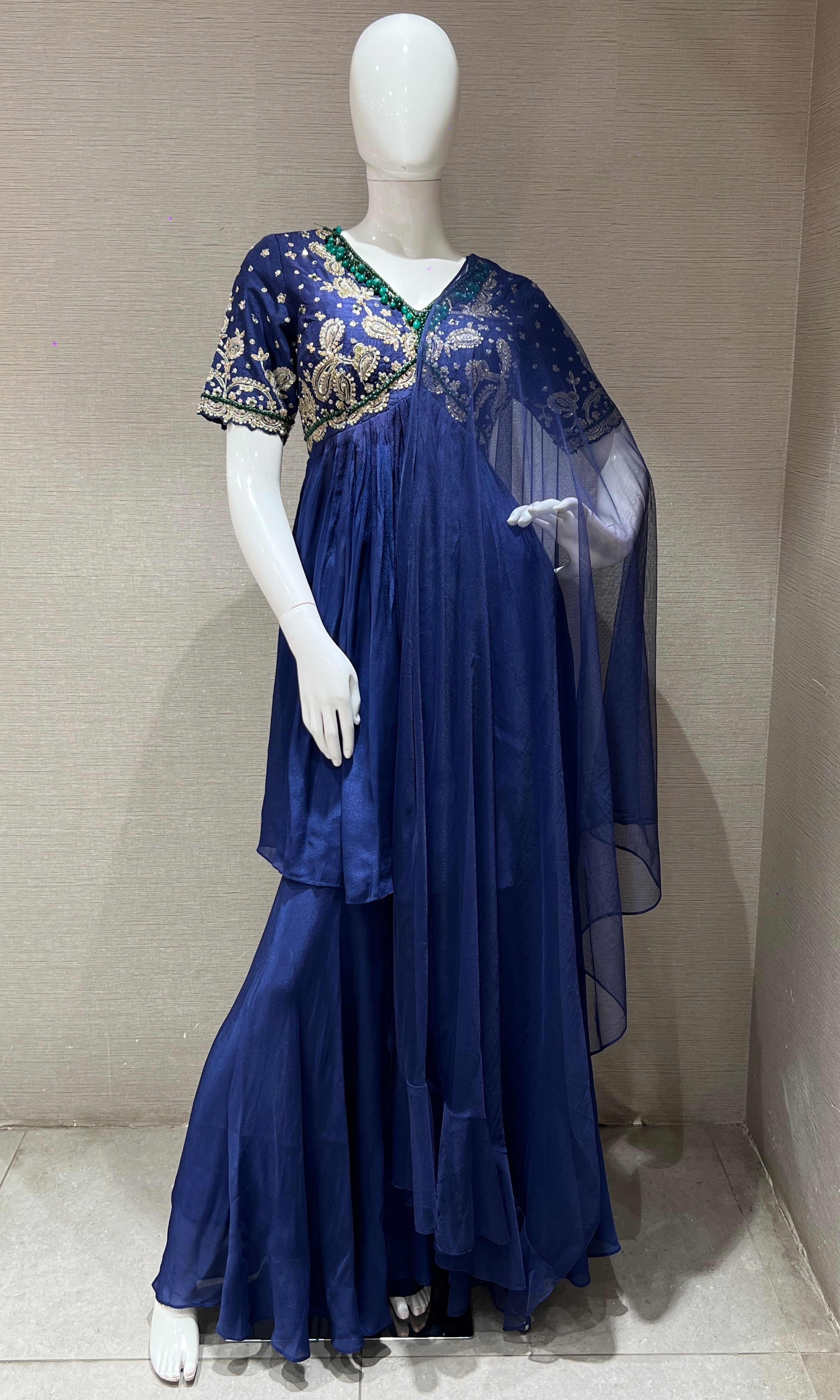 Blue palazzo with embroidered peplum top