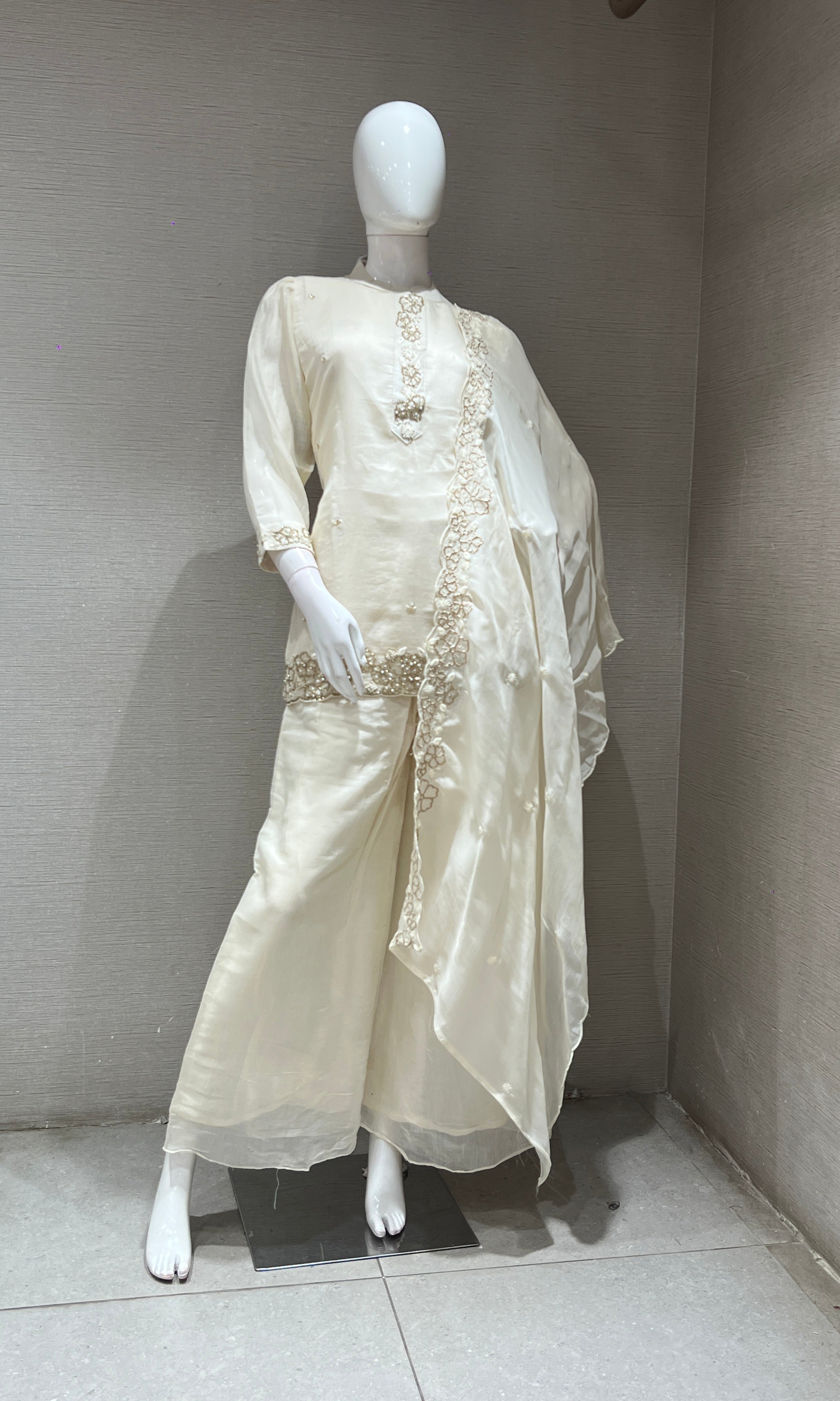 Cream FLORAL EMBROIDERED PALAZZO SET