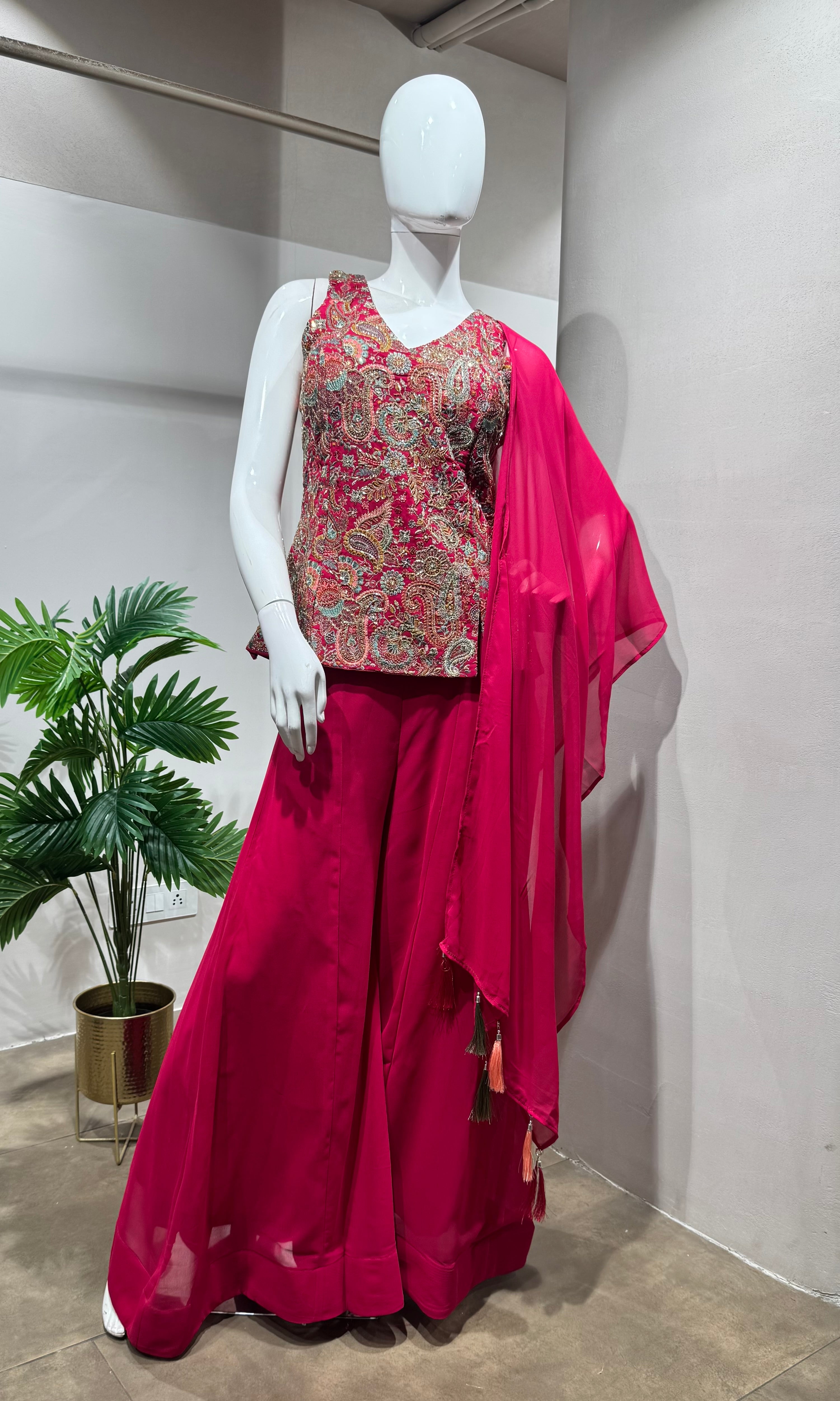 Rani Pink Embroidered Palazzo Set Dupatta