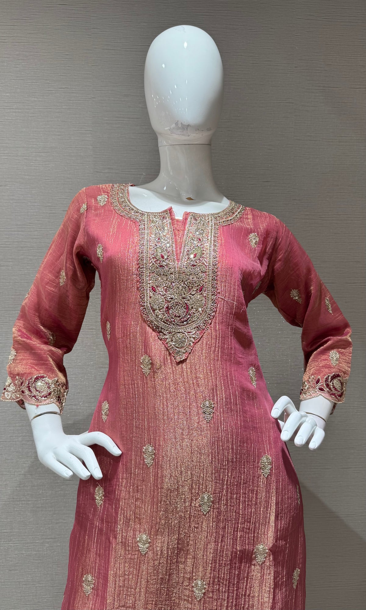 pink Tissue silk Ethnic Kurta Set with Zari dupatta