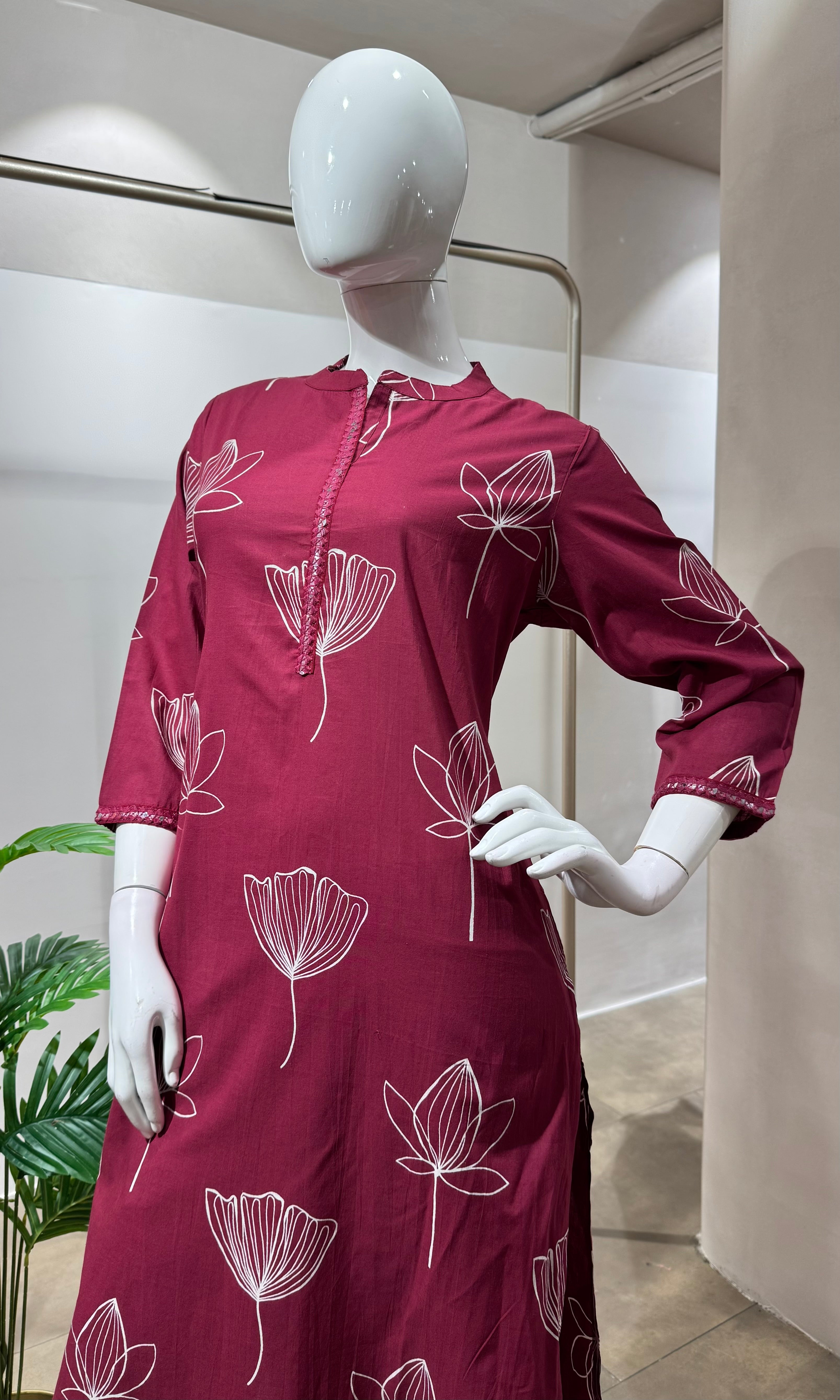 MAROON FLORAL KURTI WITH BOTTOM
