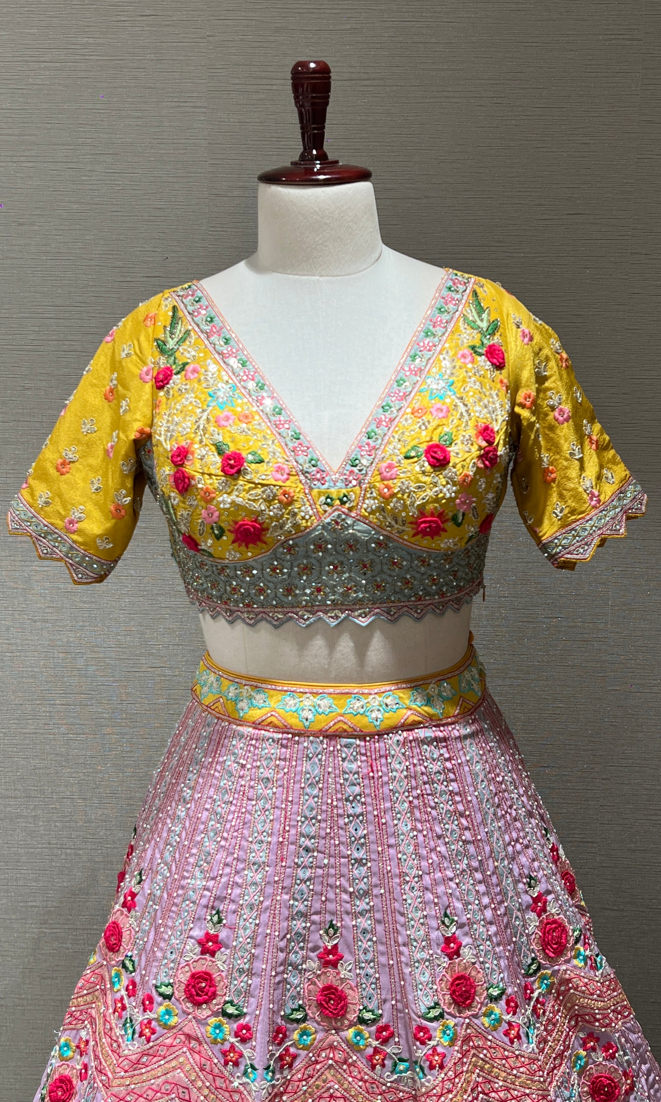 Lilac and Yellow Floral Embroidered Lehenga