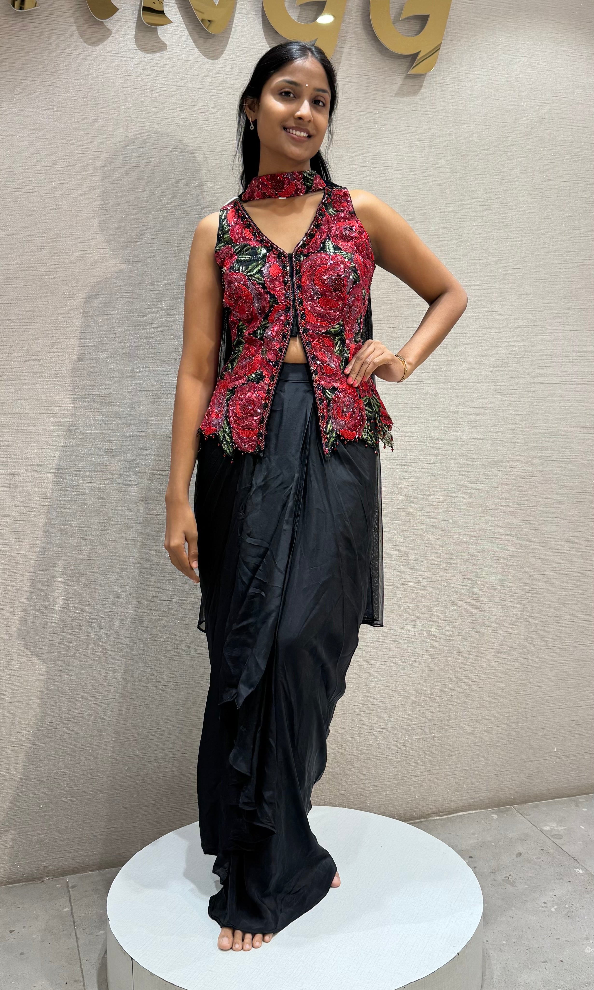 Black & Red Crimson Floral with Dhoti Pants