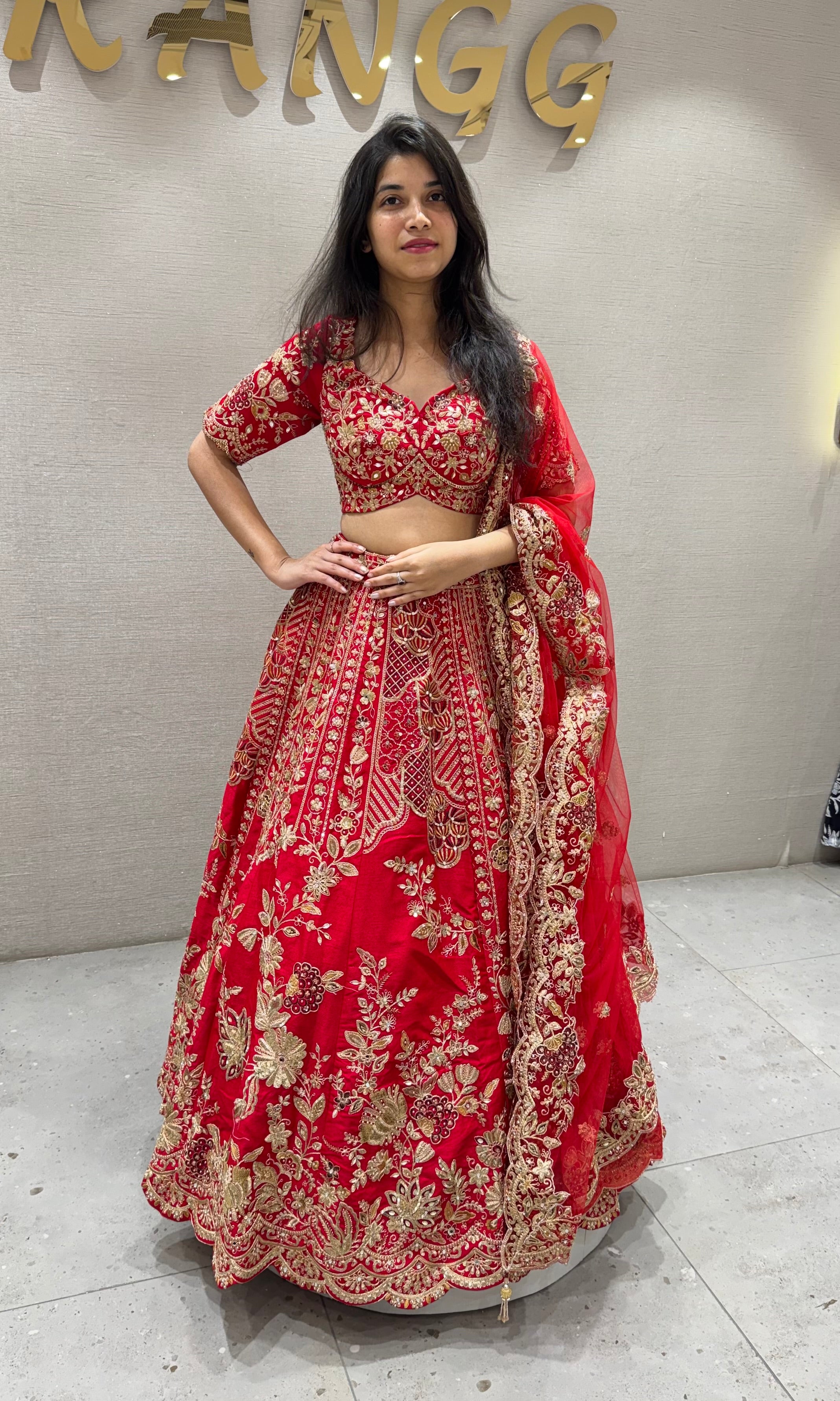 Red GOLDEN FLORAL EMBROIDERED lehenga