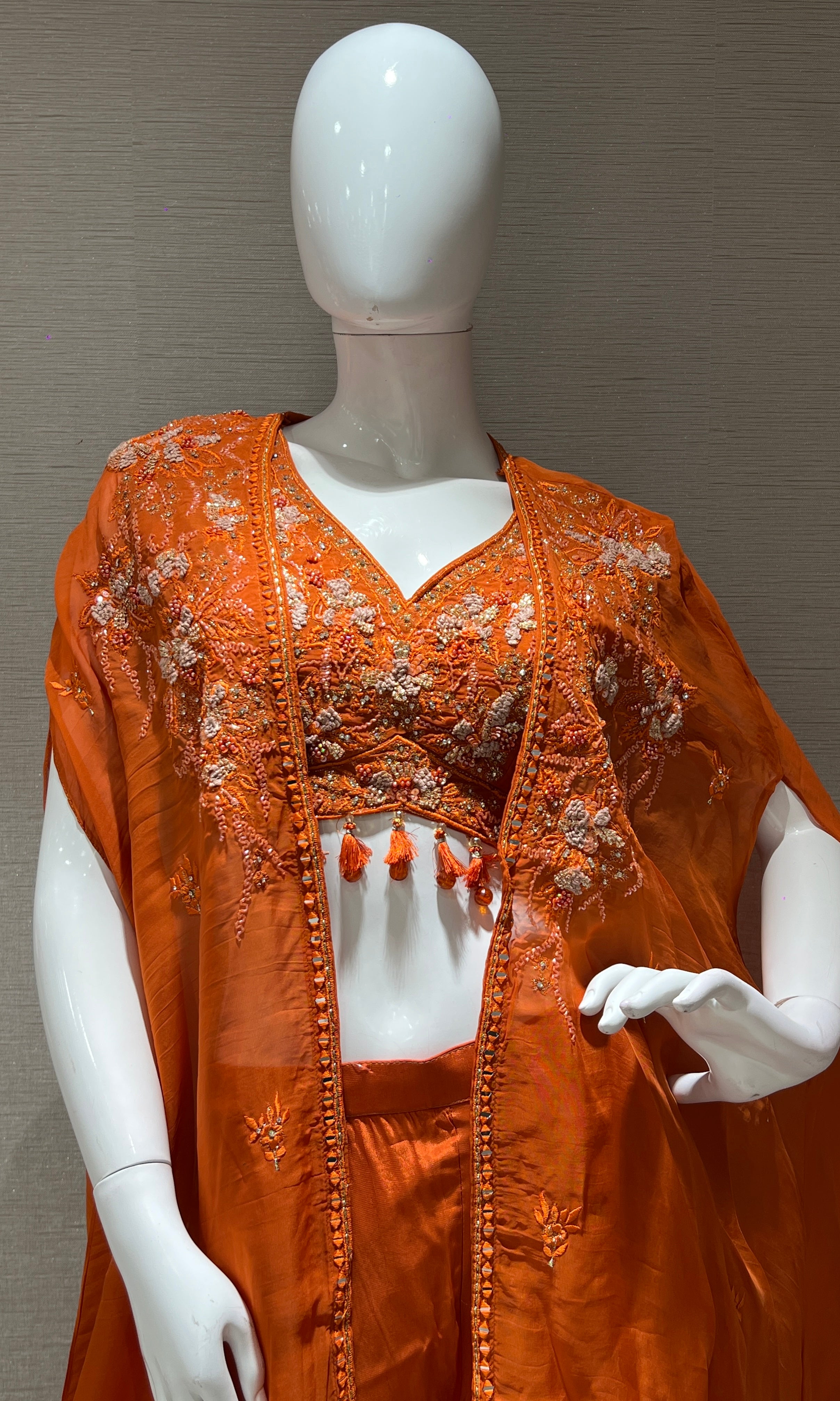 Rust orange embroidered palazzo with a cape
