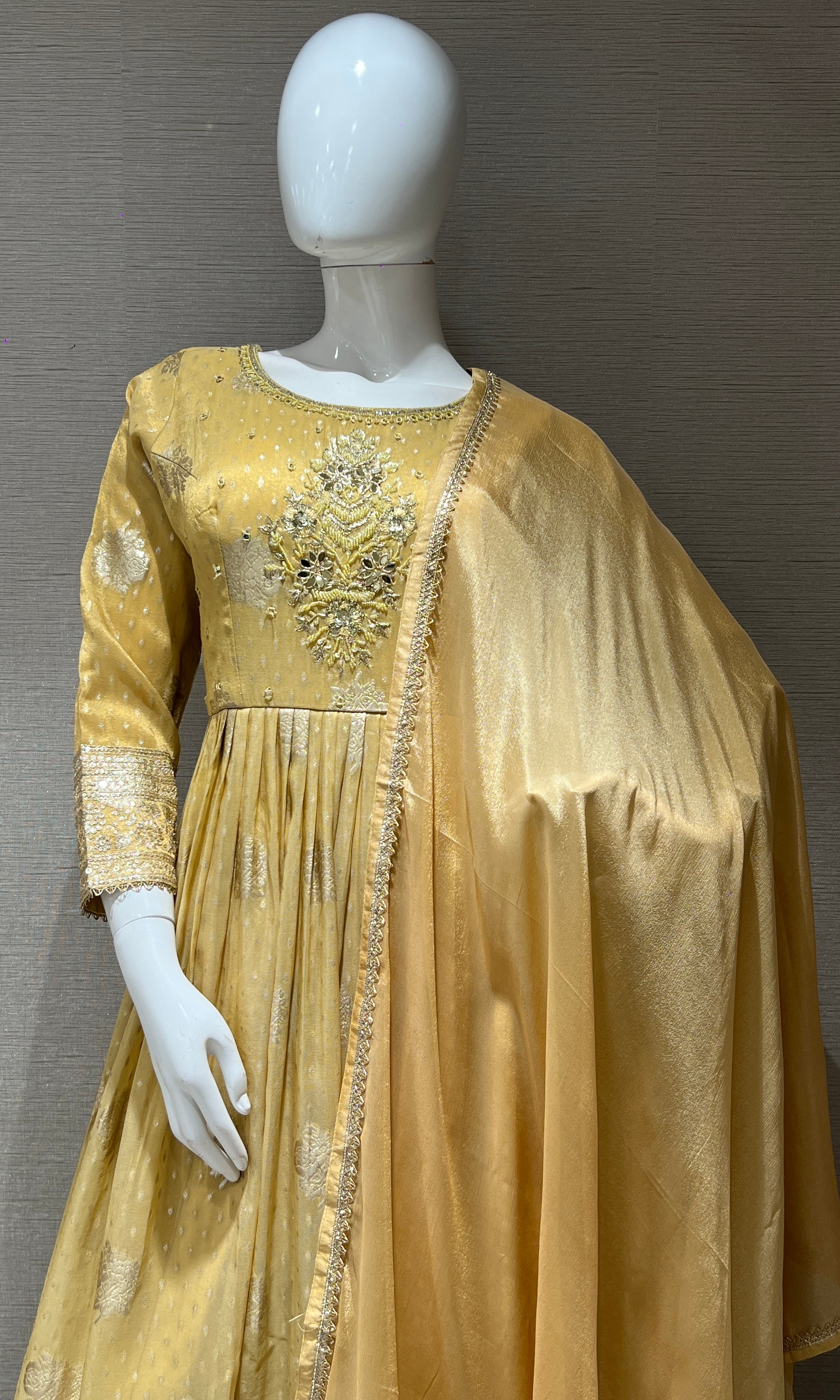 Llight yellow long anarkali with gold embroidered