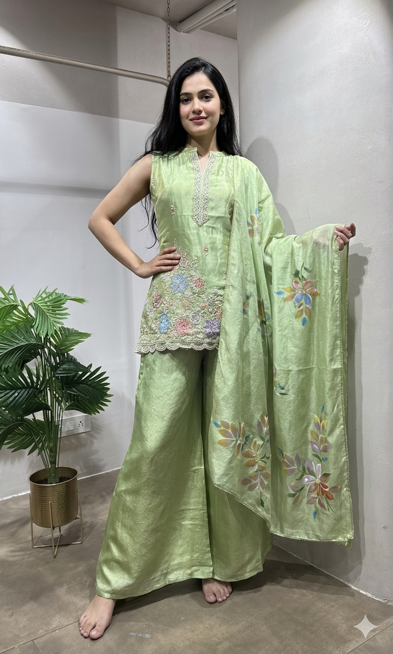 pista green floral embroidered sharara set