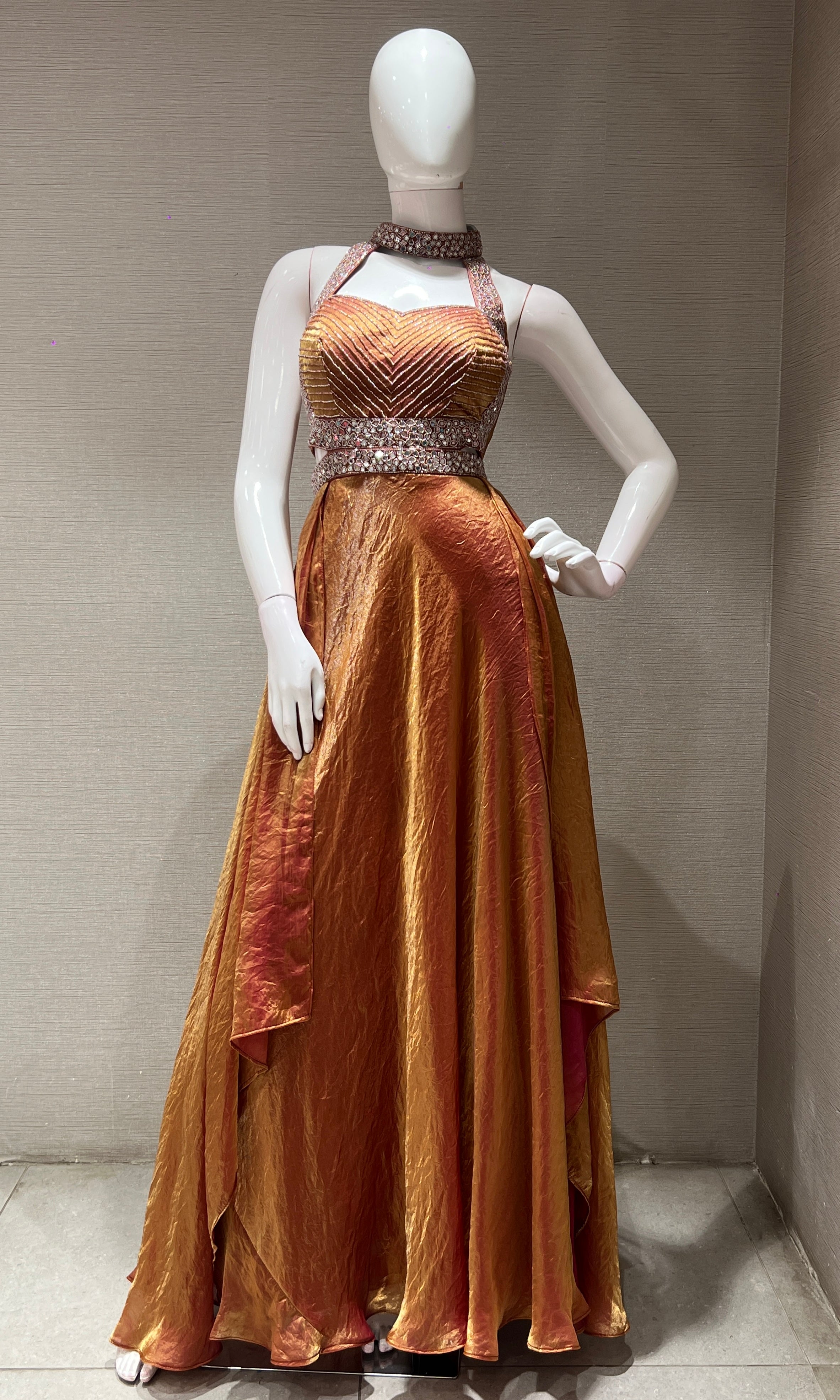 Rust HALTER NECK EMBELLISHED LONG GOWN