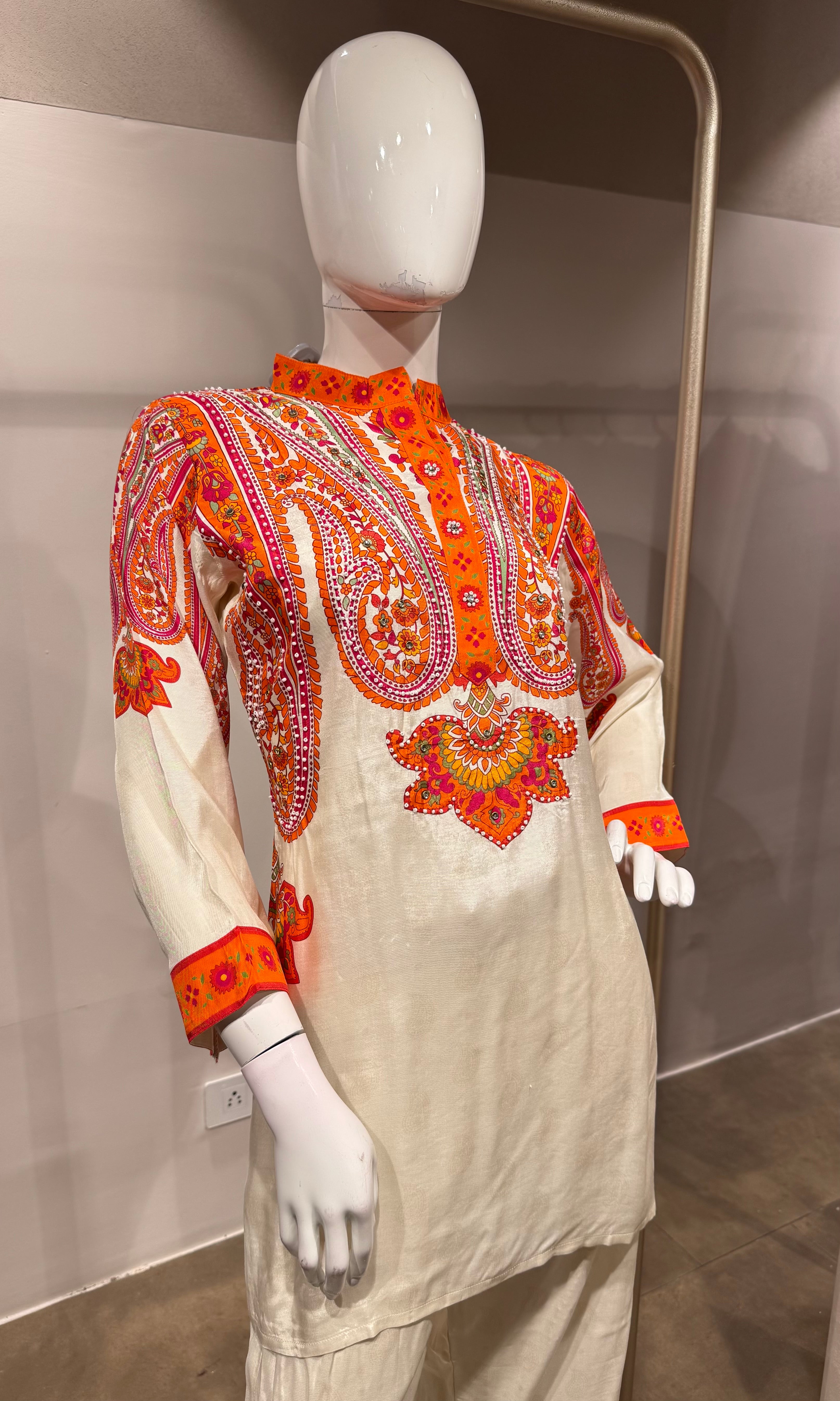 Classic White Orange Ethnic Printed Cord set