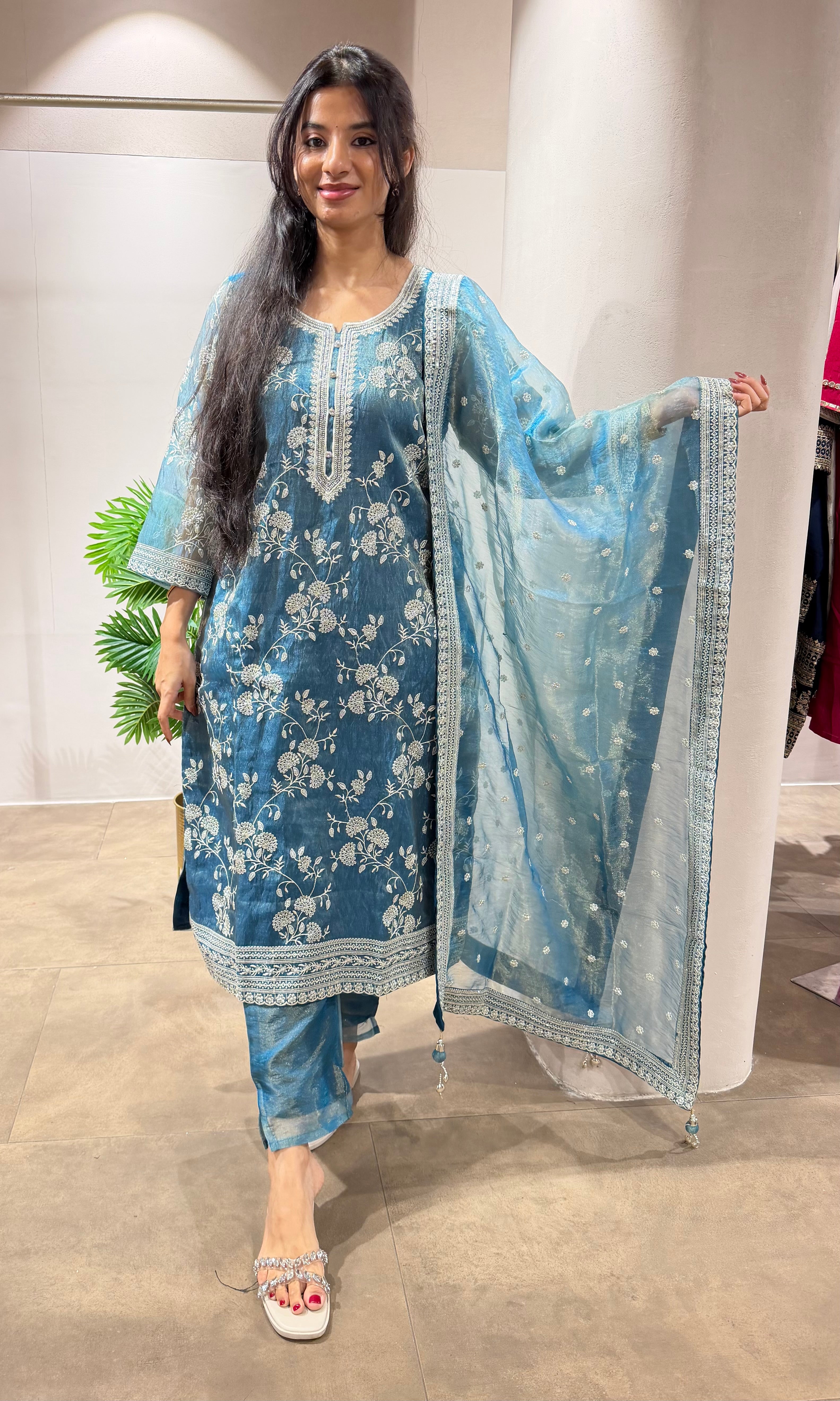 Ice Blue Tissue kurta set with dupatta