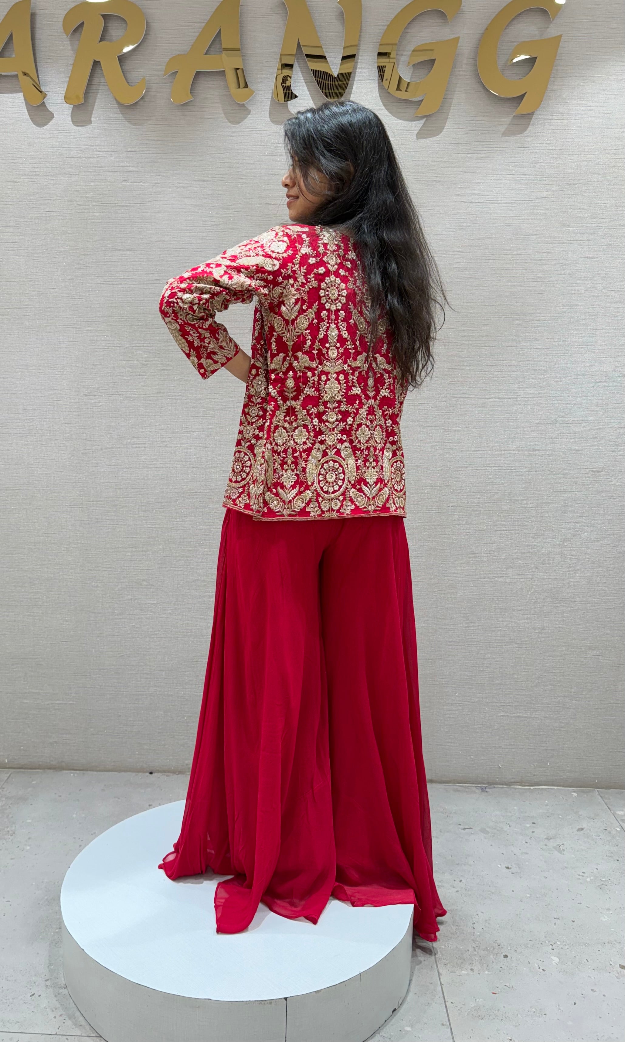 Red EMBROIDERED PALAZZO SET WITH JACKET