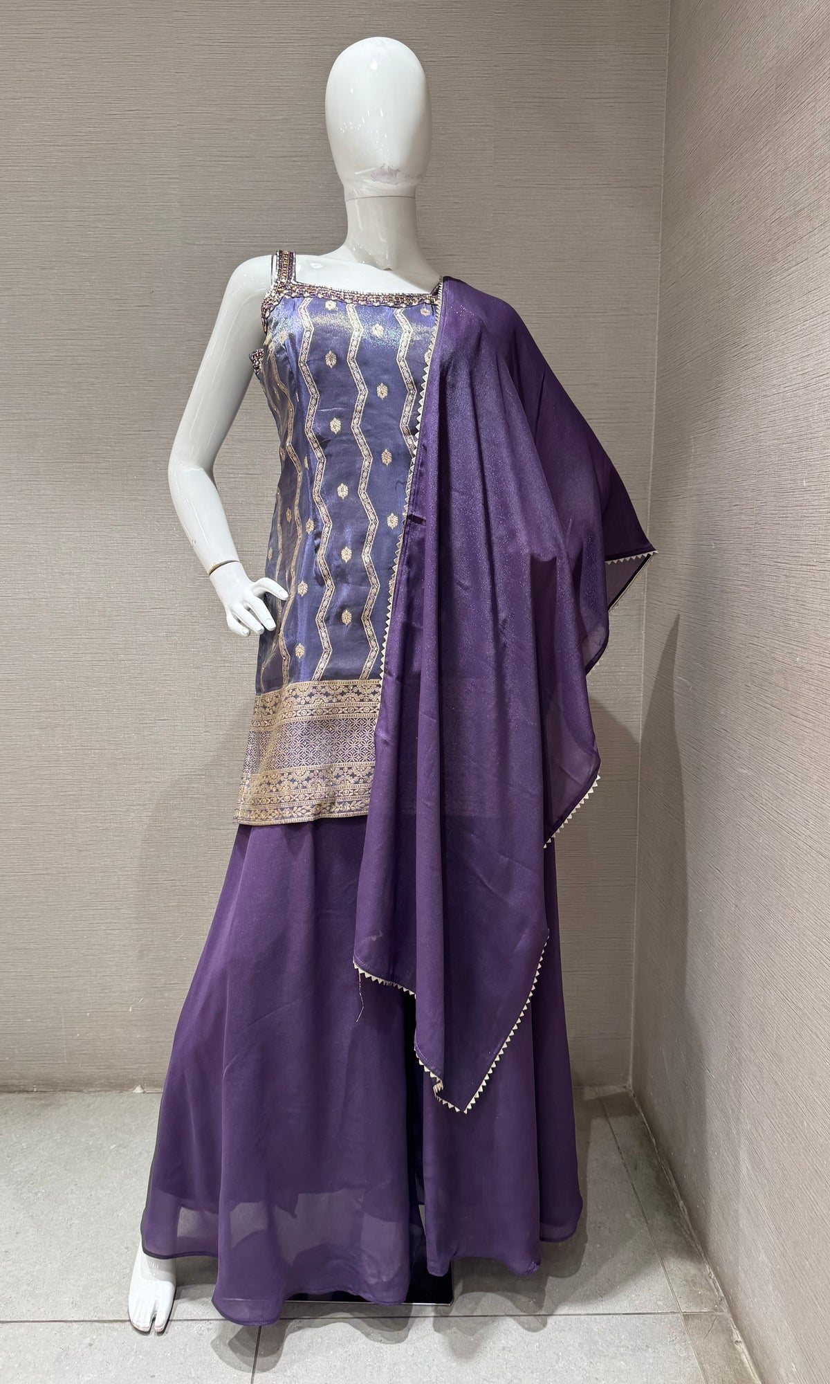 Purple Golden Georgette Flared Sharara set with Dupatta
