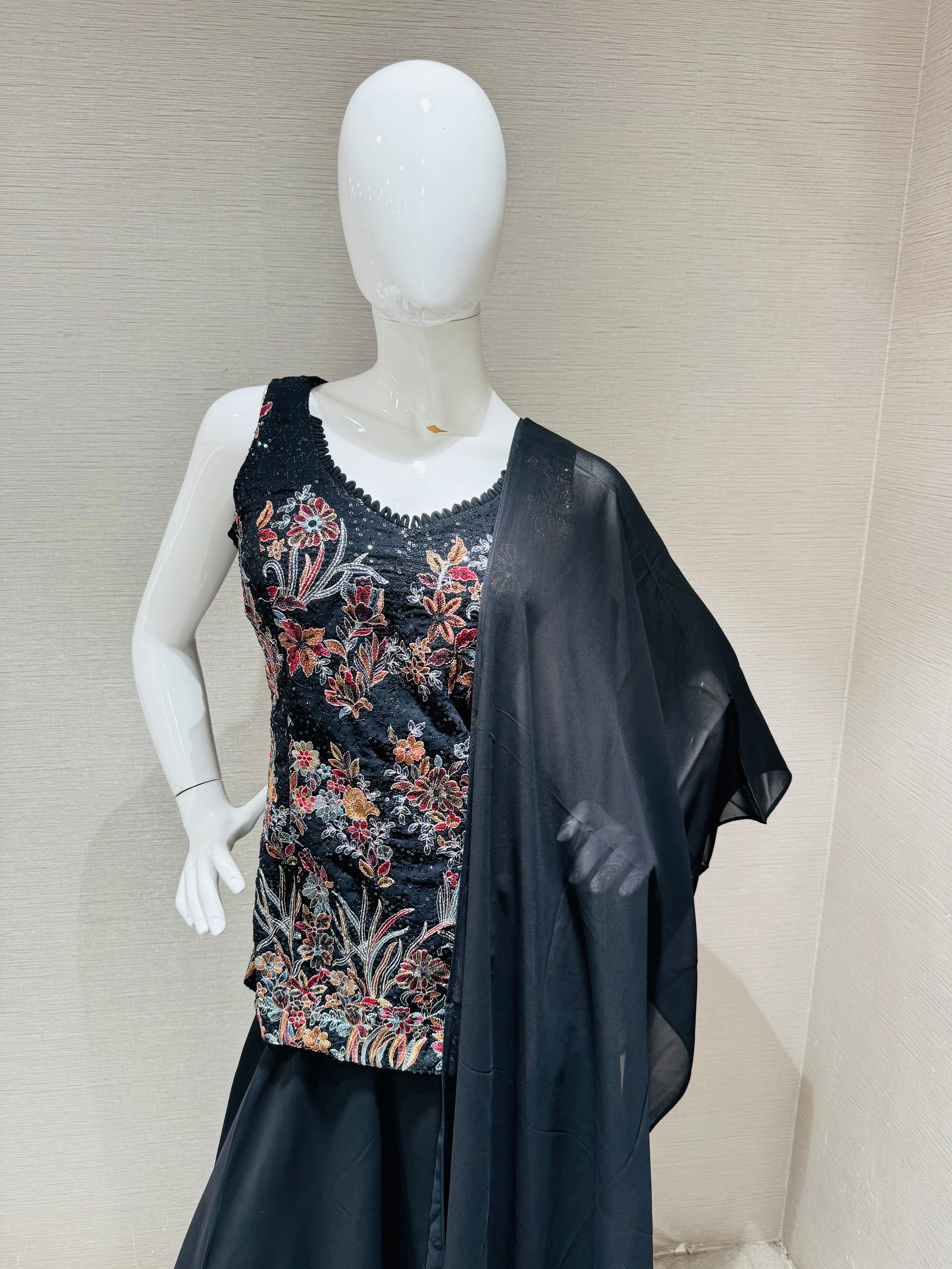 Black embroidered floral sharara set