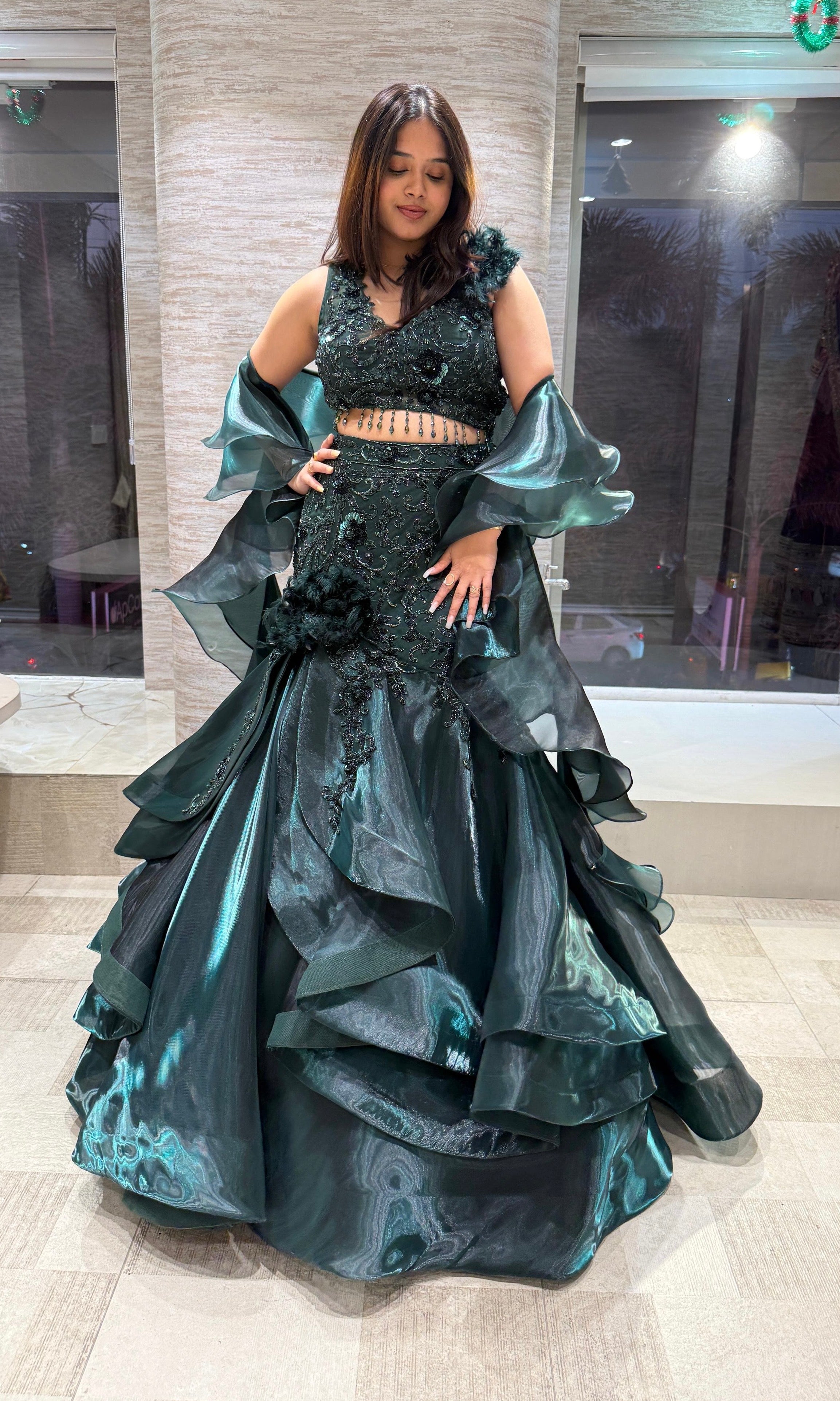 green Emerald Ruffle Lehenga