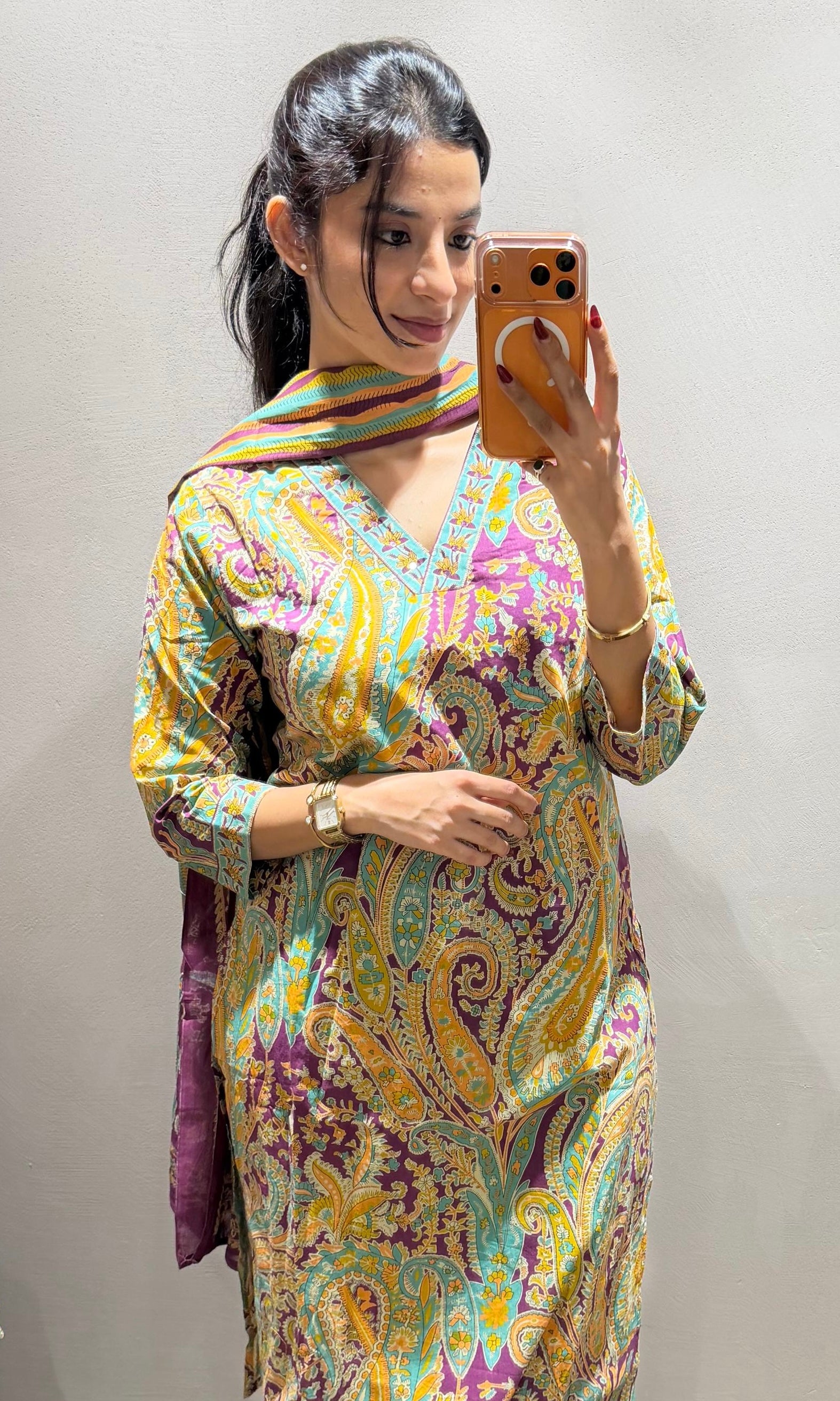 Violet paisley style cotton kurta set