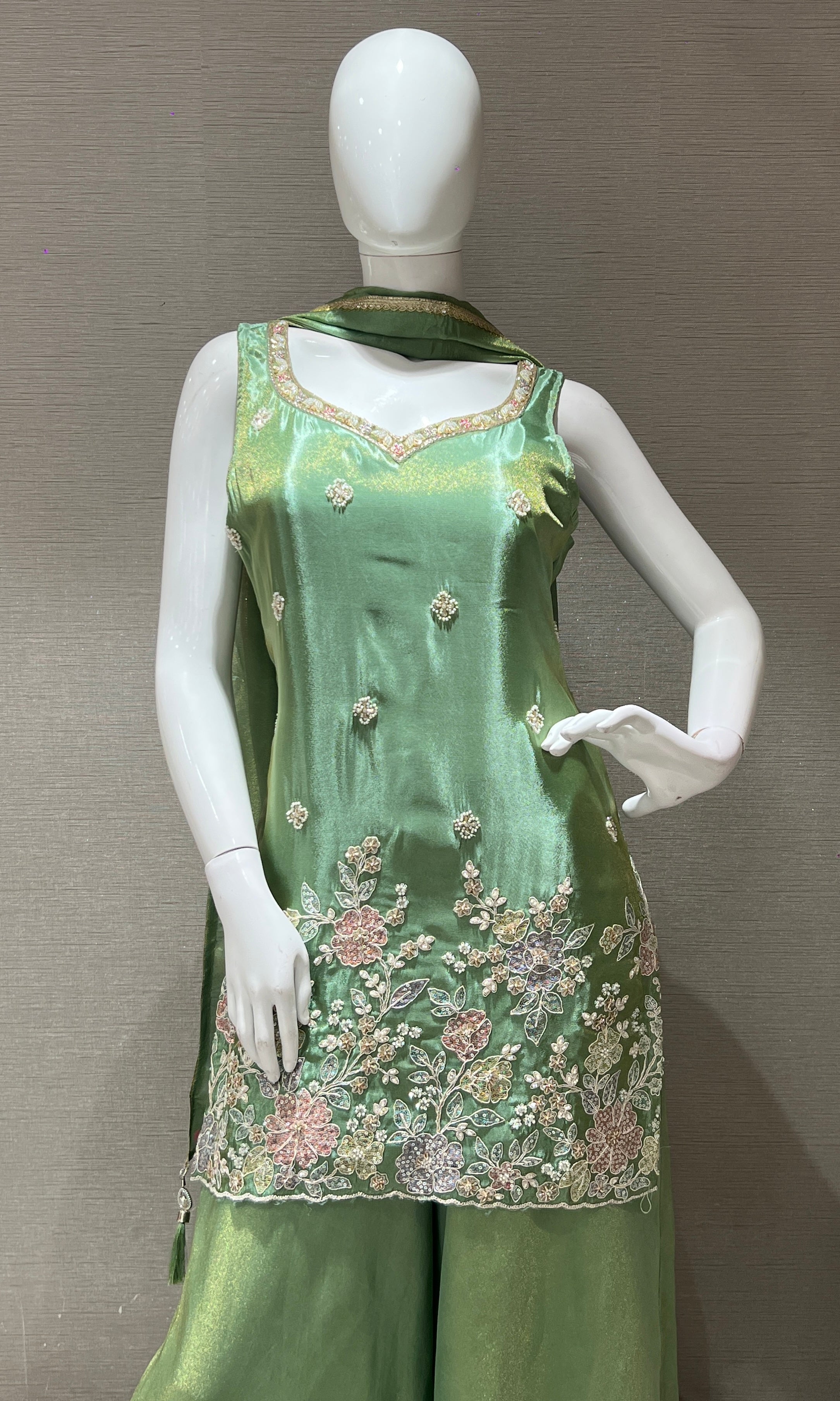 Light Green Floral Embroidered Palazoo