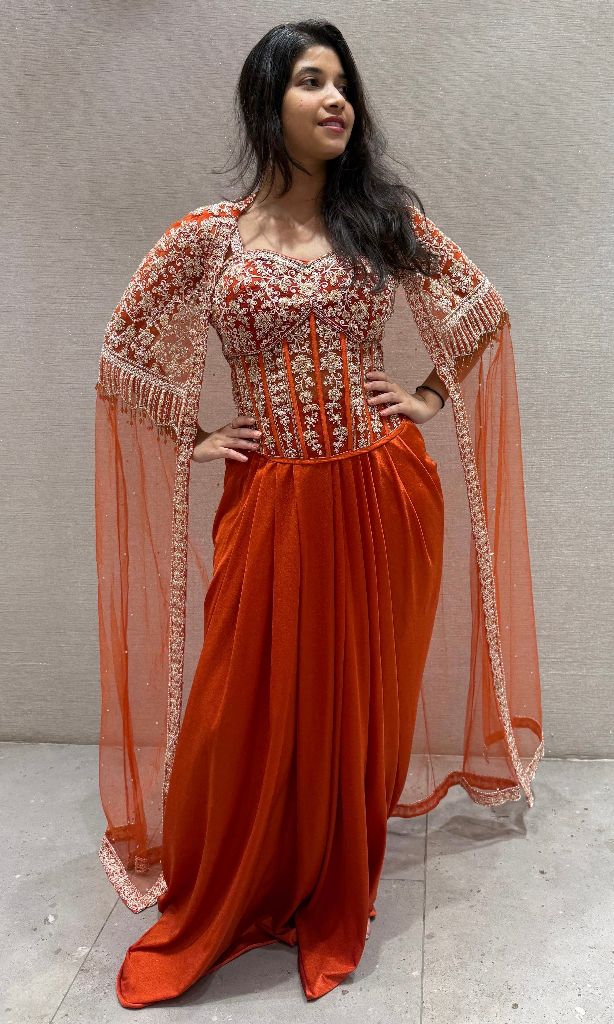 ORANGE 3 PIECE INDO WESTERN DRESS WITH SHRUG