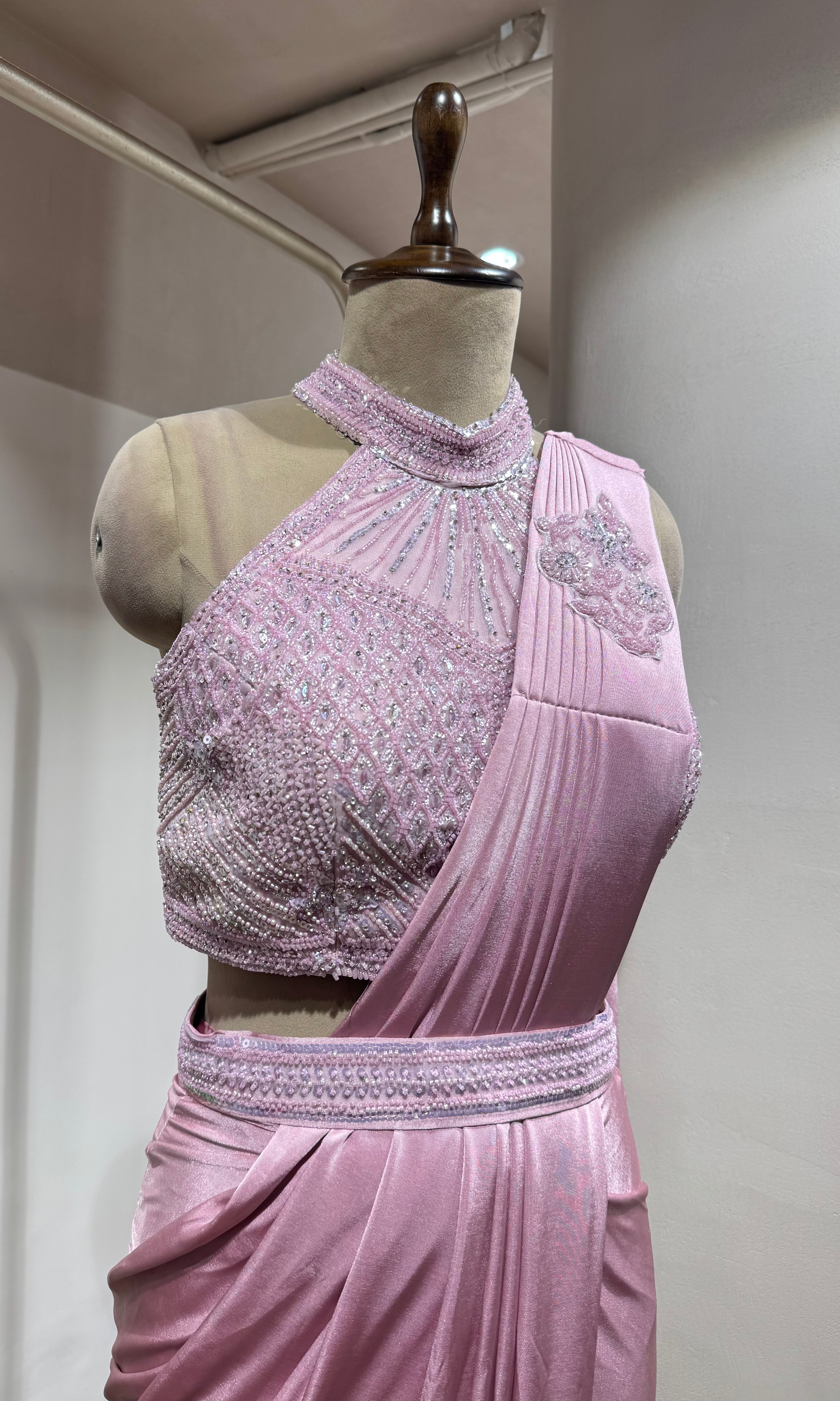 Pink Drape Saree with High Neck Blouse